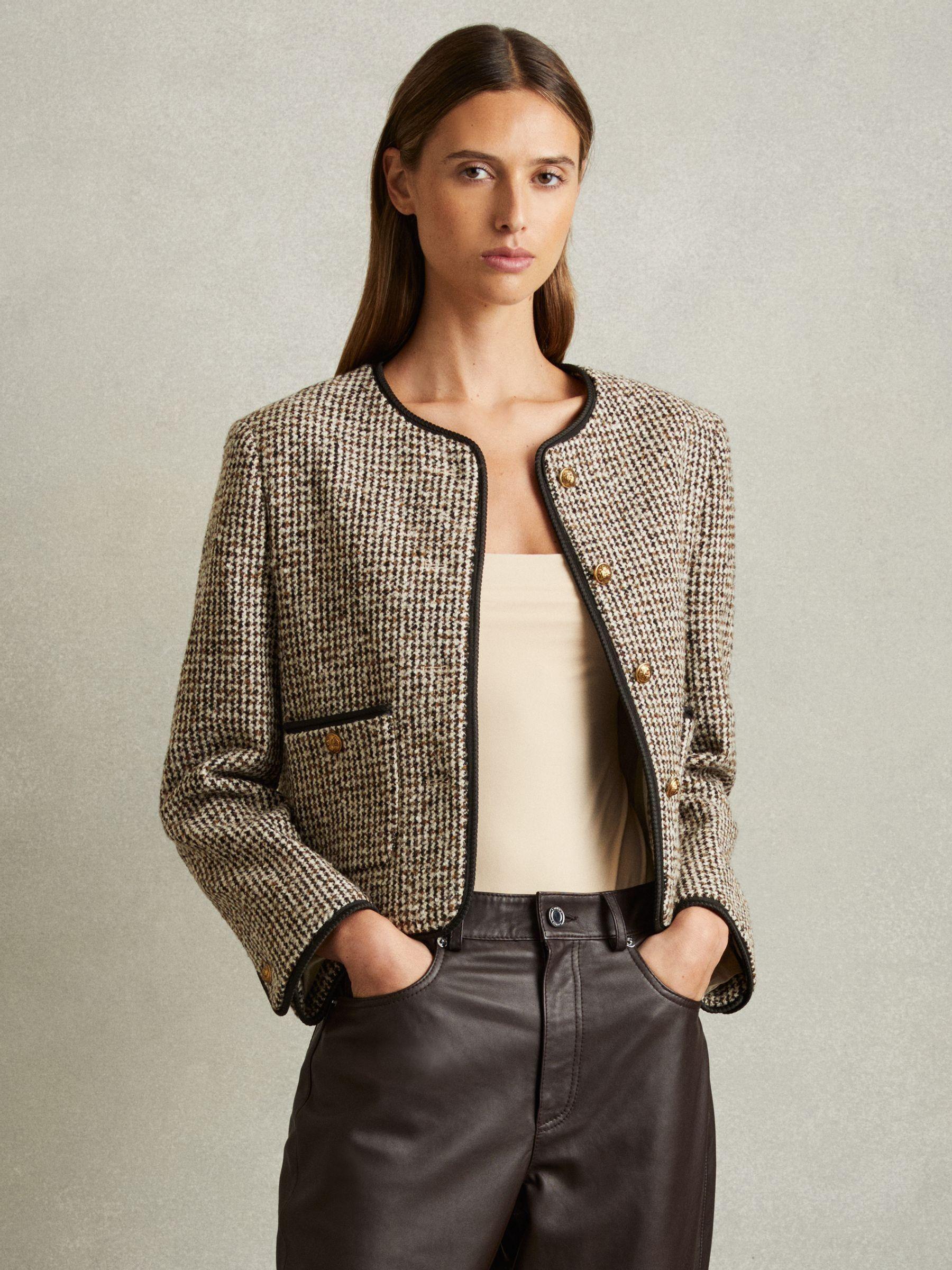 Cropped Wool Blend Tweed Jacket in Brown Product Image