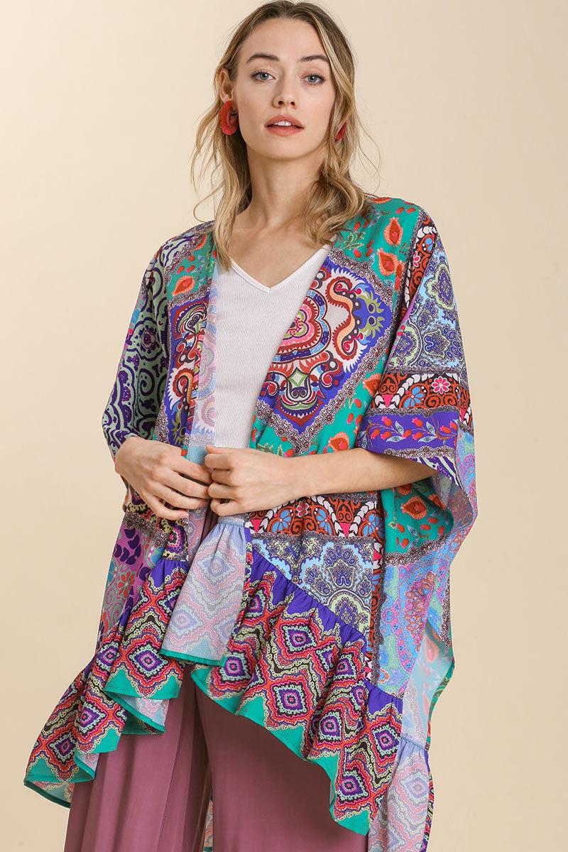 Mixed Print Ruffle Hem Open Front Cover Up Product Image