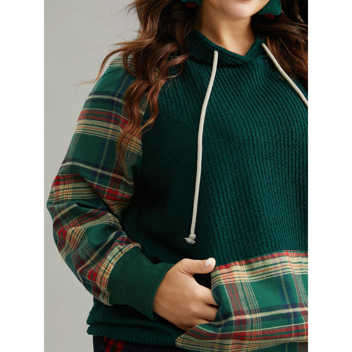Plus Size Plaid Contrast Pocket Rib Knit Hooded Sweatshirt Women Green Casual Rib Knit Hooded Festival-Christmas Sweatshirts BloomChic 10/M Product Image