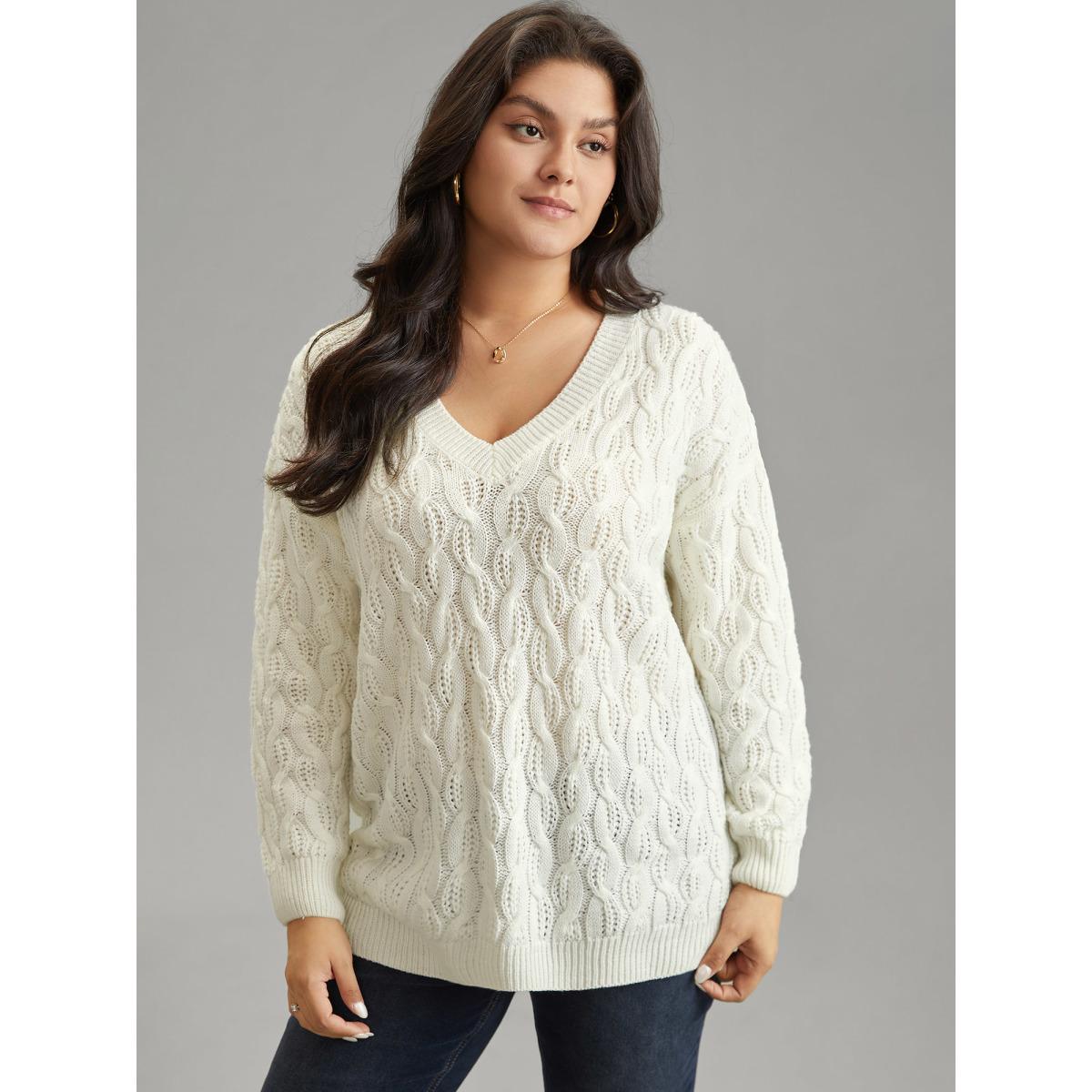 Plus Size Plain V Neck Cable Knit Split Side Pullover Ivory Women Casual Loose Long Sleeve V-neck Dailywear Pullovers BloomChic 30/6X Product Image