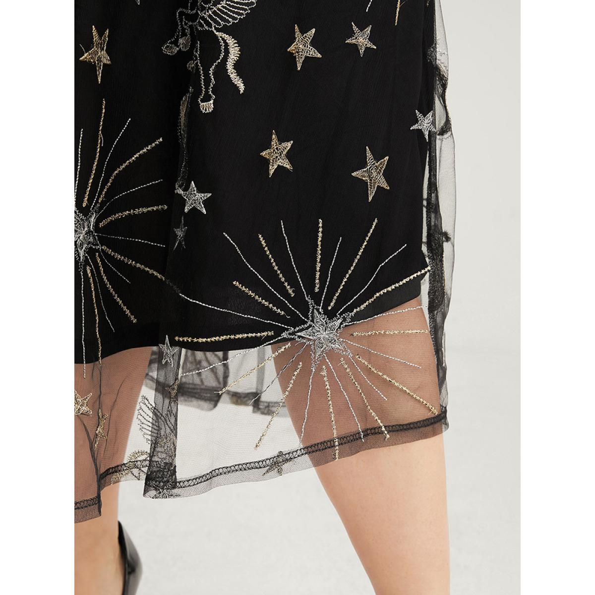 Plus Size Moon And Star Embroidered Mesh Elastic Waist Skirt Women Black Glamour Embroidered No stretch Going out Skirts BloomChic 12/L Product Image