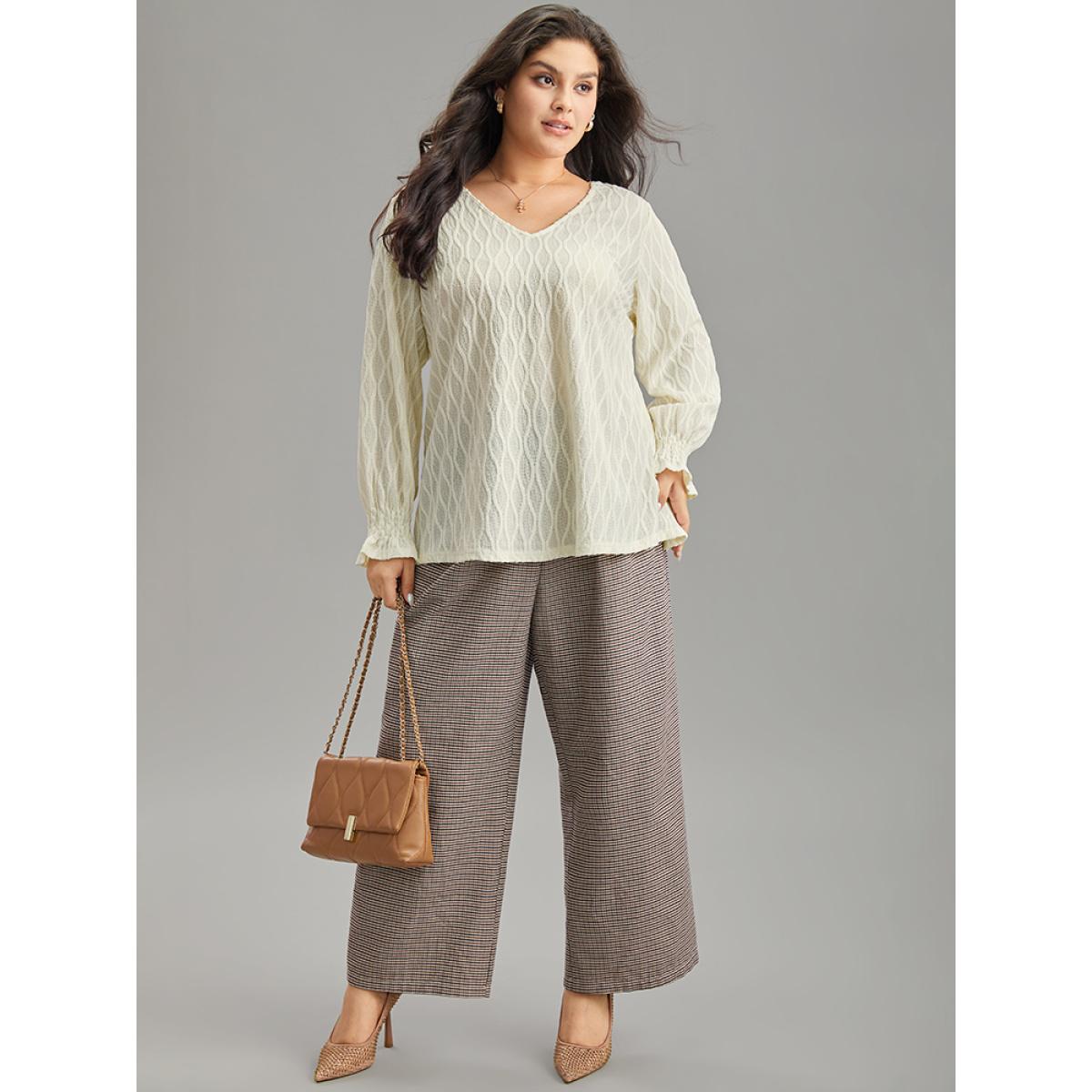 Plus Size Beige V Neck Solid Textured Shirred Blouse Women Office Long Sleeve V-neck Office Blouses BloomChic 30/6X Product Image