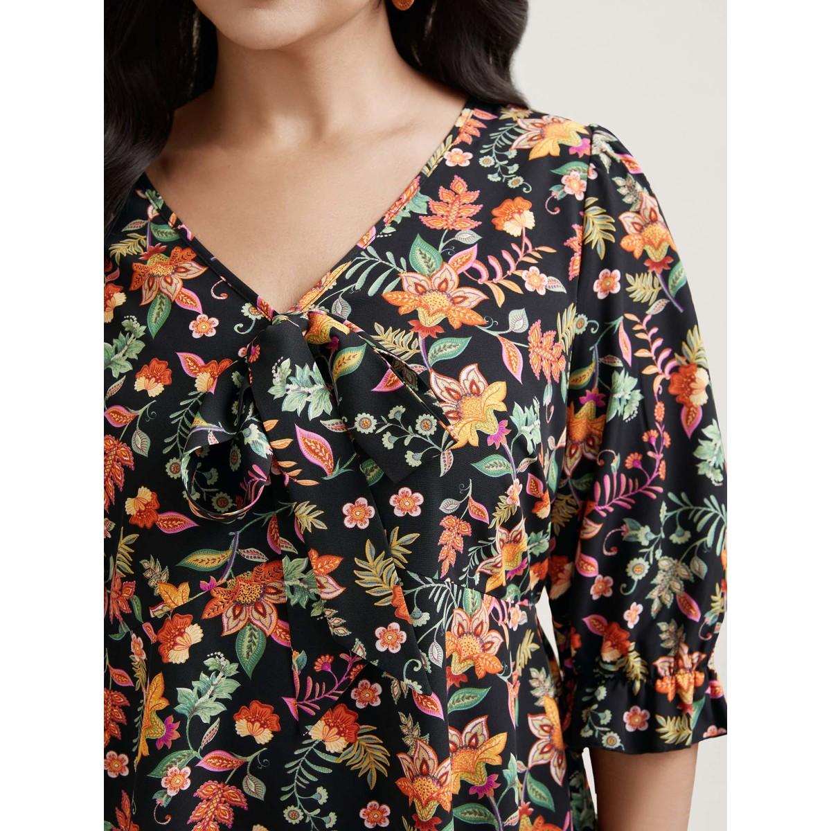 Plus Size Black Floral Print Knotted Neckline Flared Shirt Women Resort Elbow-length sleeve V-neck Vacation Blouses BloomChic 18-20/2X Product Image