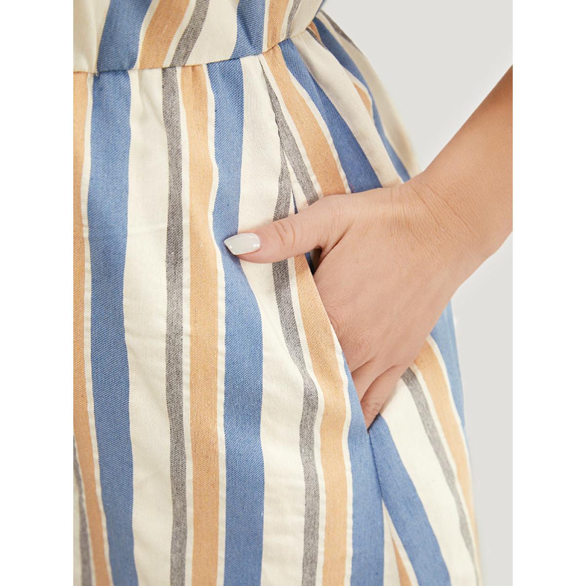 Plus Size Striped Print Button Detail Pocket Flutter Hem Dress Stone Women Vacation Contrast V-neck Short sleeve Curvy Midi Dress BloomChic 18-20/2X Product Image