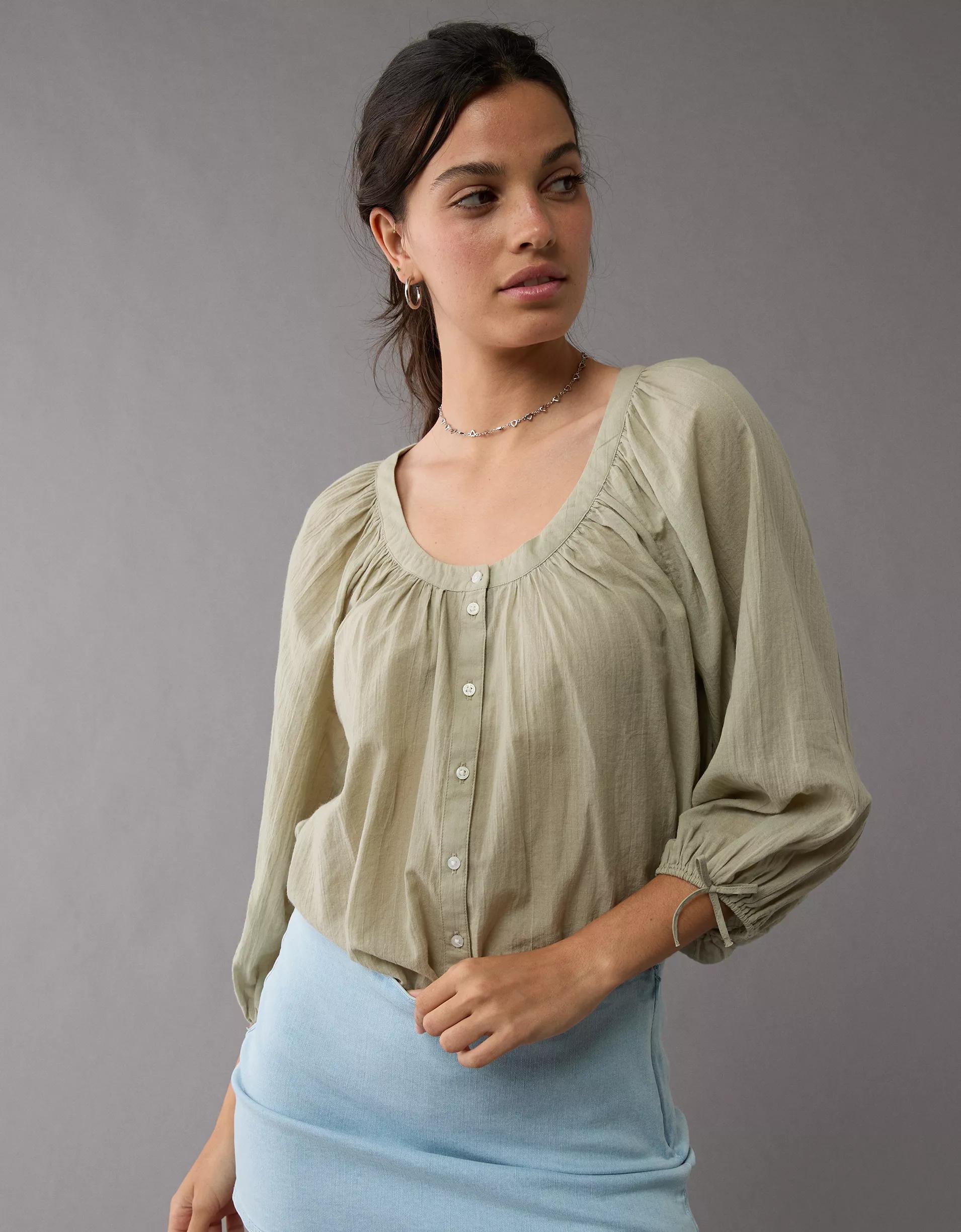 AE Long-Sleeve Open Neck Blouse Product Image