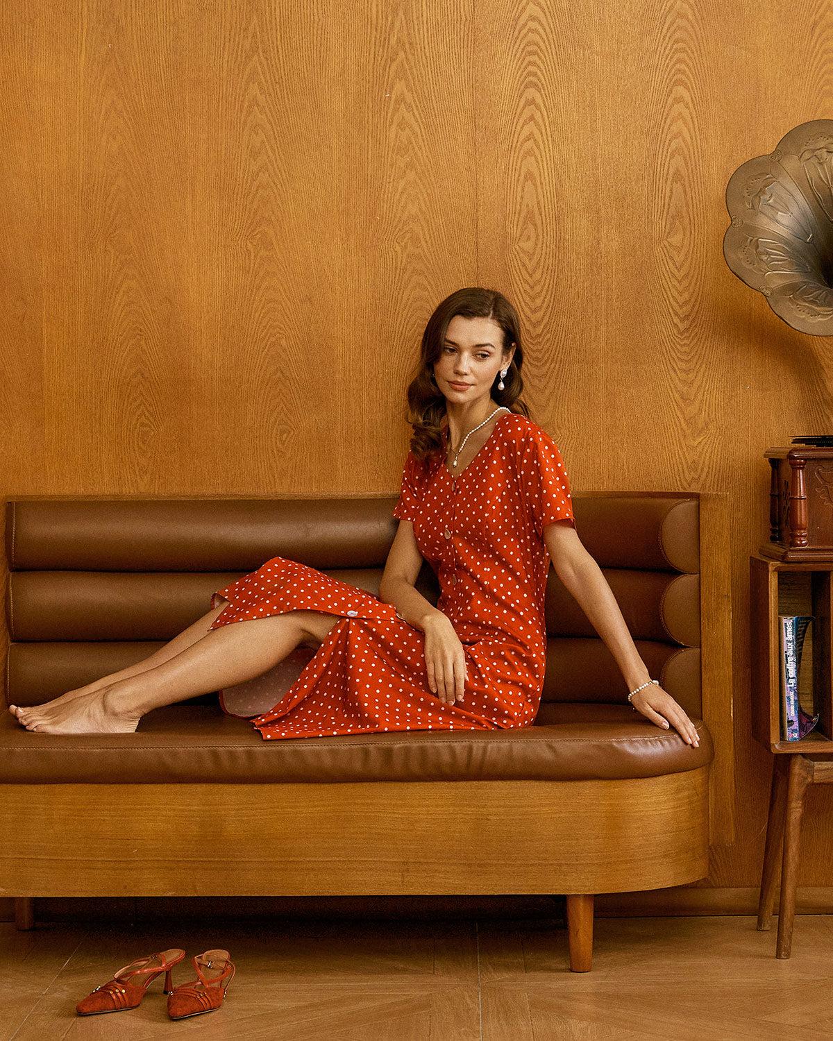 Red Polka Dot Button Midi Dress Product Image