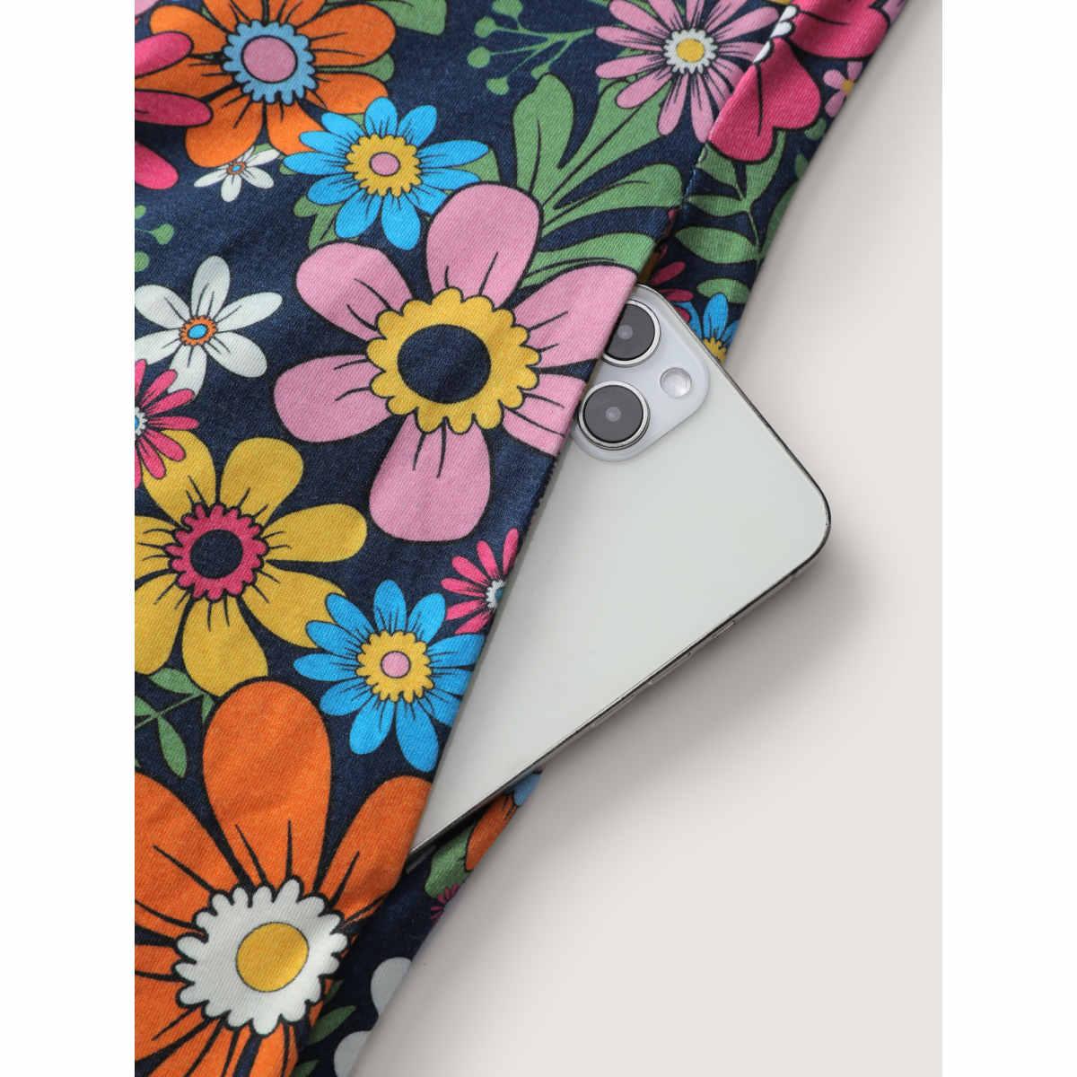 Plus Size DarkBlue Colorful Floral Pockets Knit Jumpsuit Women Playful Sleeveless Square Neck Casual Loose Jumpsuits BloomChic 26/4X Product Image