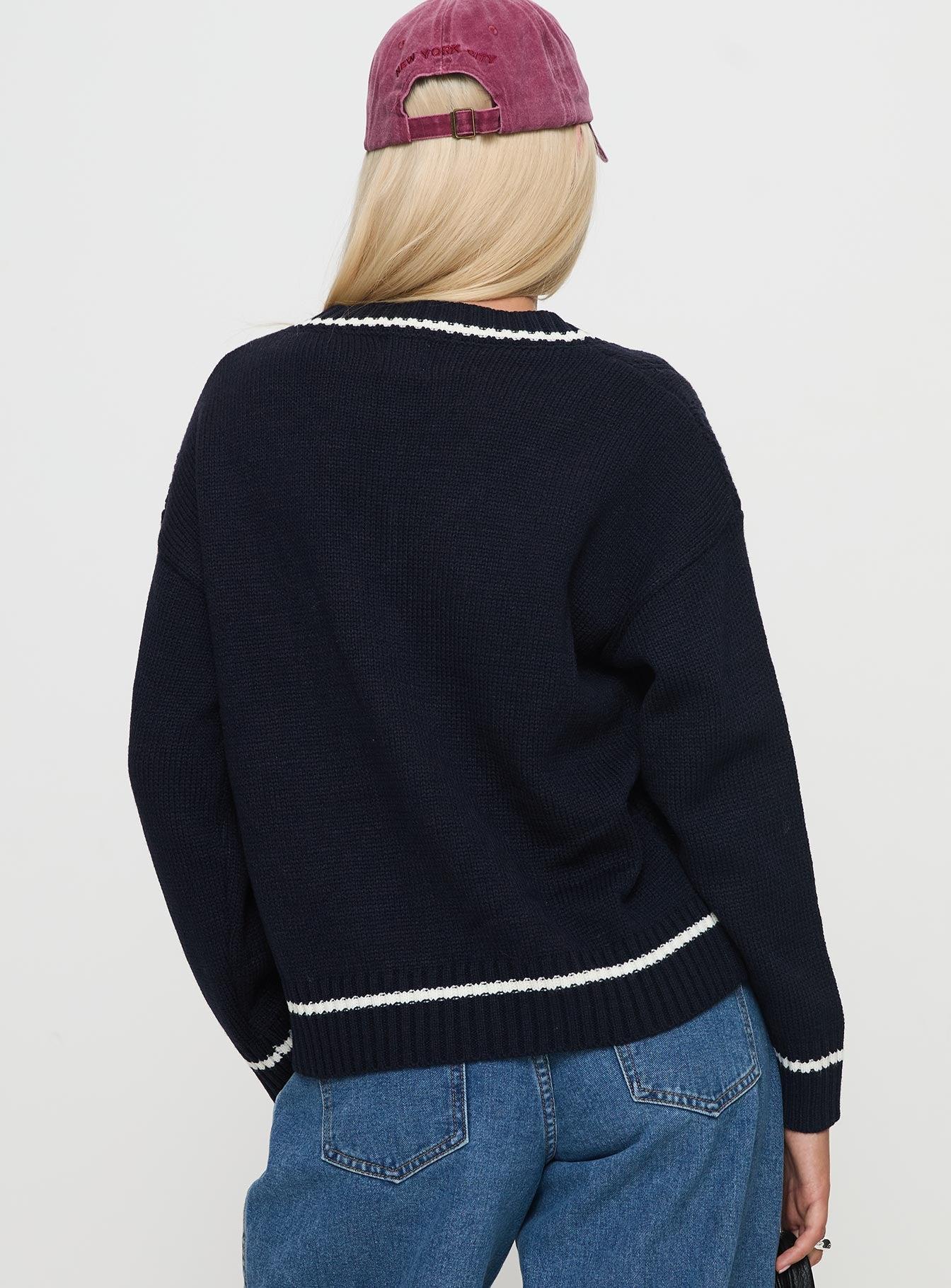 Covina V Neck Knit Sweater Navy Product Image