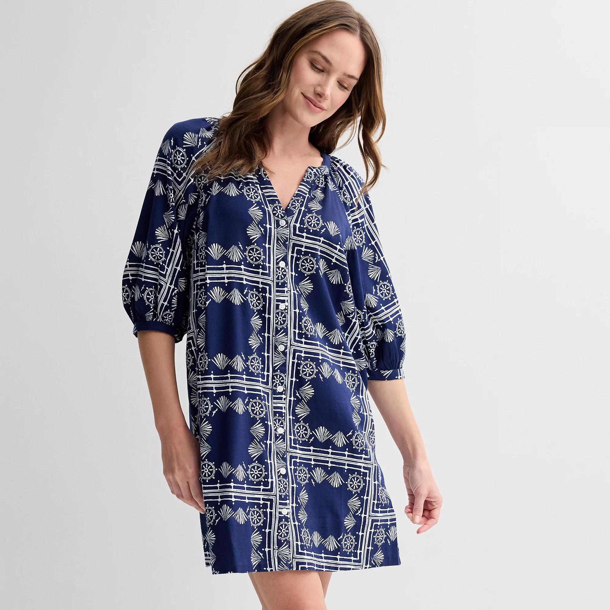 Petite Sonoma Goods For Life® Button-Front Shift Dress, Women's, Size: Small Petite, Blue Nautical Print Product Image