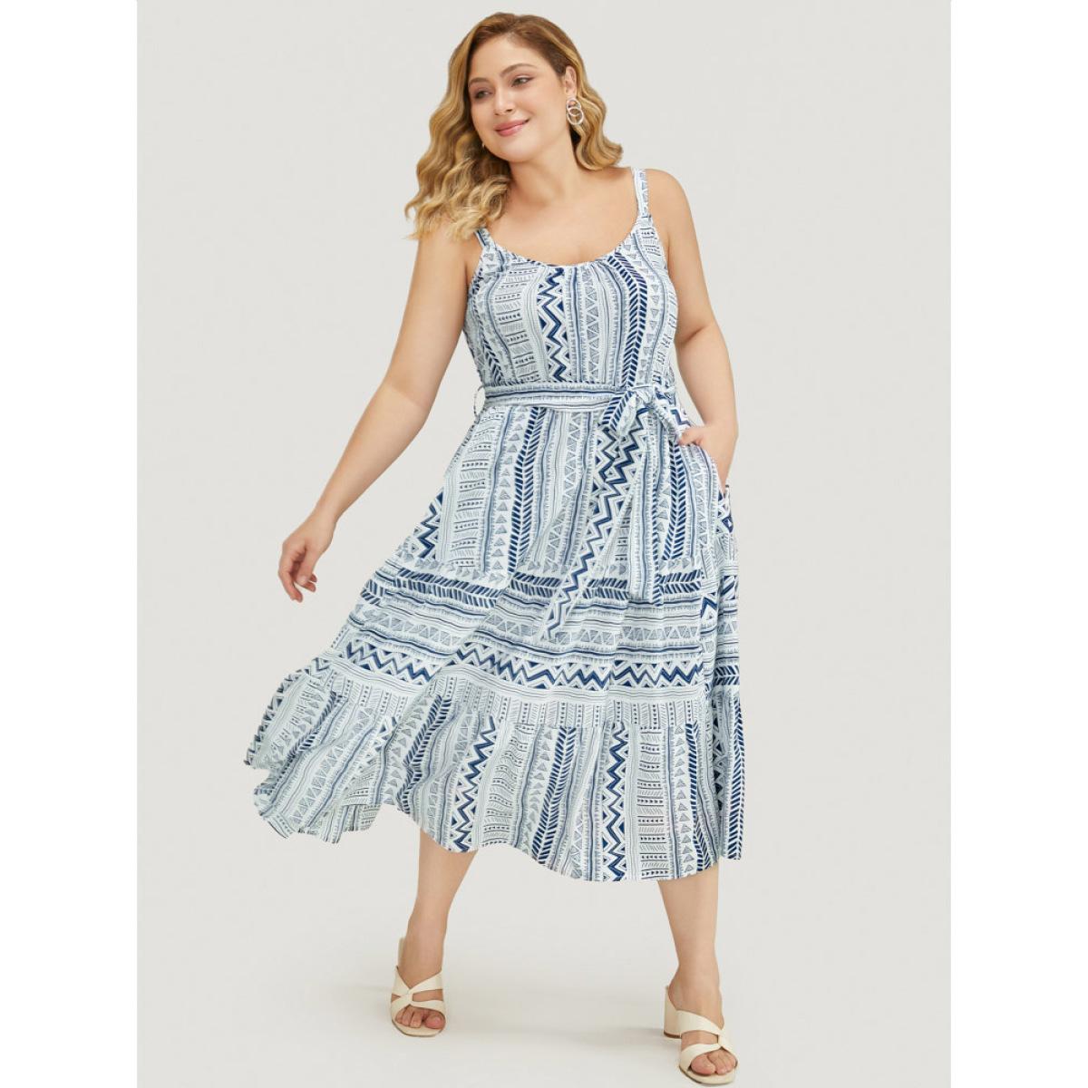 Plus Size Geometric Print Belted Flutter Tiered Pocket Cami Dress Aegean Women Vacation Adjustable Straps Spaghetti Strap Sleeveless Curvy Midi Dress BloomChic 18-20/2X Product Image