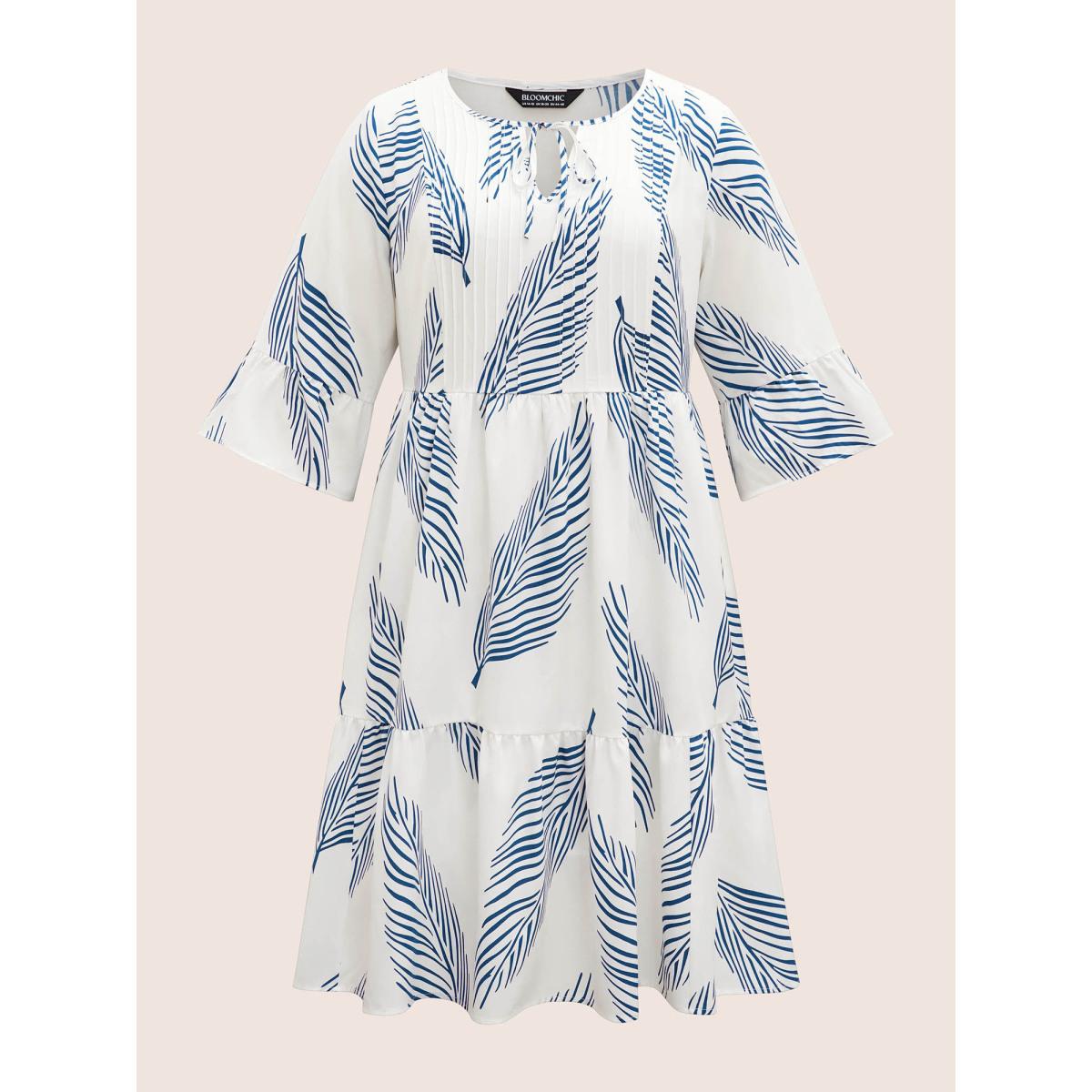 Plus Size Tropical Print Tucked Seam Tie Knot Dress Originalwhite Women Resort Tucked seam V-neck Elbow-length sleeve Curvy BloomChic 10/M Product Image