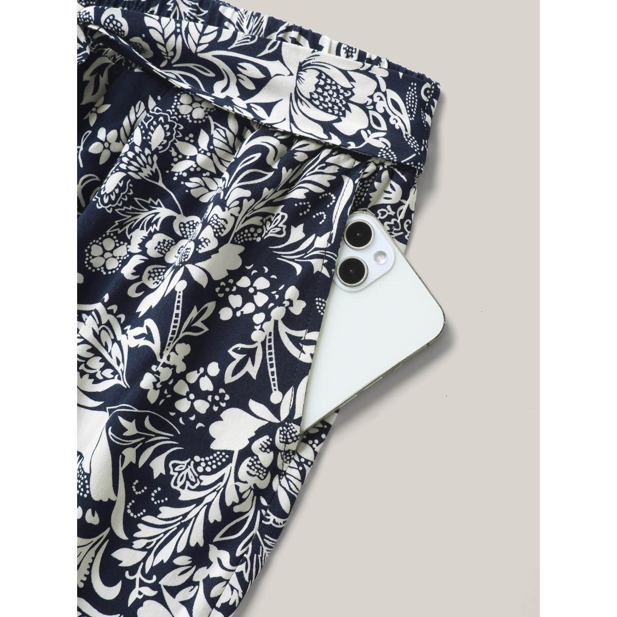 Plus Size Floral Print Waist-Tie Straight-Leg Pants Women Indigo Casual Wide Leg Mid Rise Everyday Pants BloomChic 14-16/1X Product Image