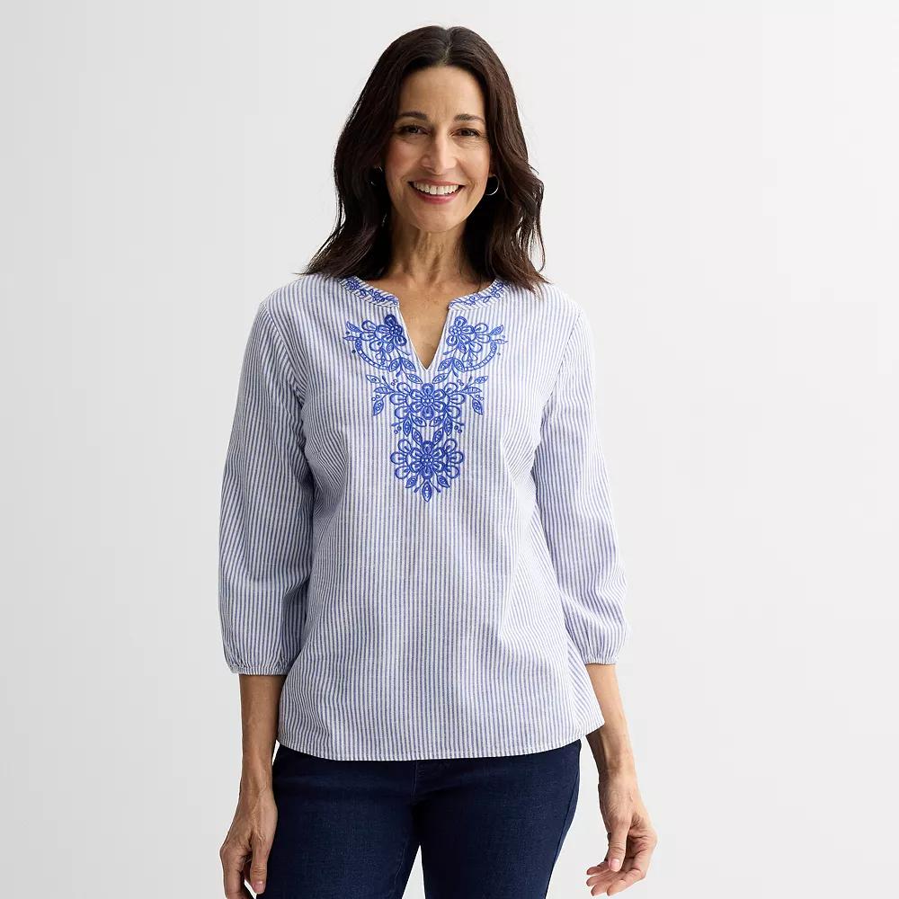 Women's Croft & Barrow® Three Quarter Sleeve Embroidered Blouse, Size: Small, Blue Micro Stripe Product Image