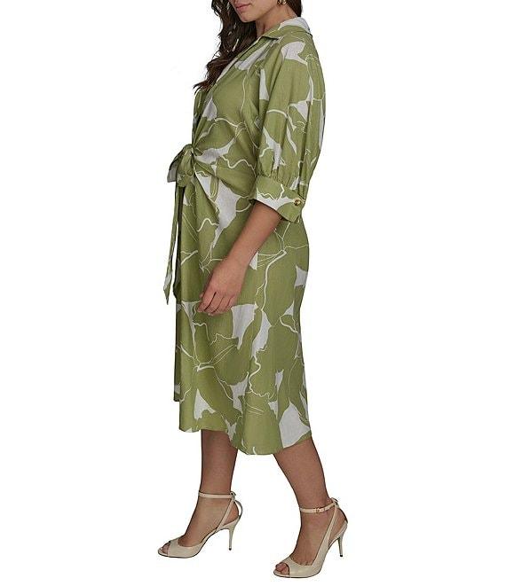 Donna Karan Plus Size Floral Print Midi Shirt Dress Product Image