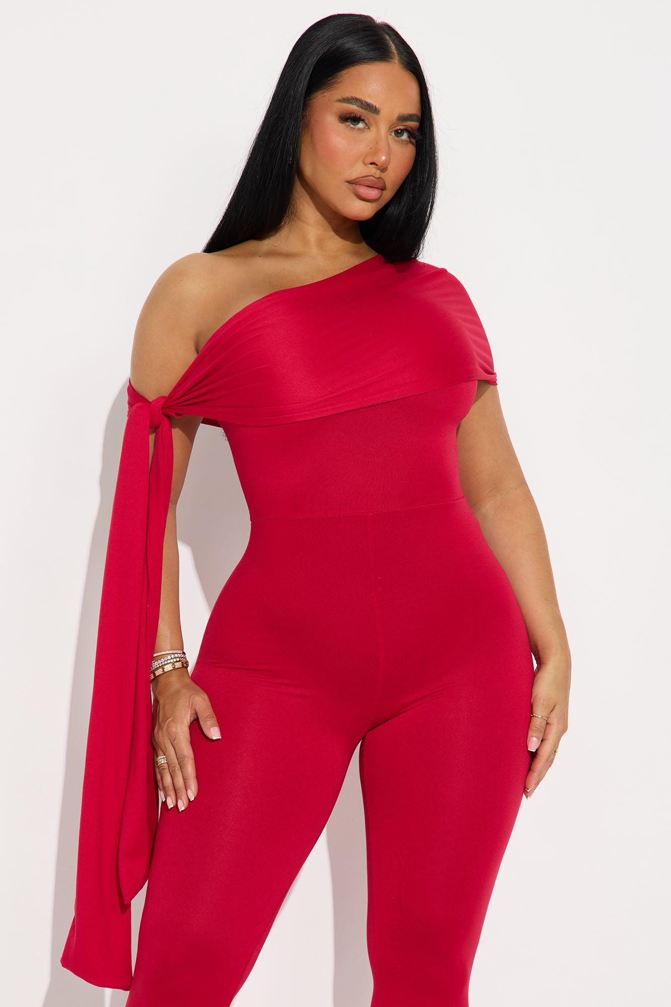 Moonlit Hour Off Shoulder Skinny Jumpsuit - Red Female Product Image
