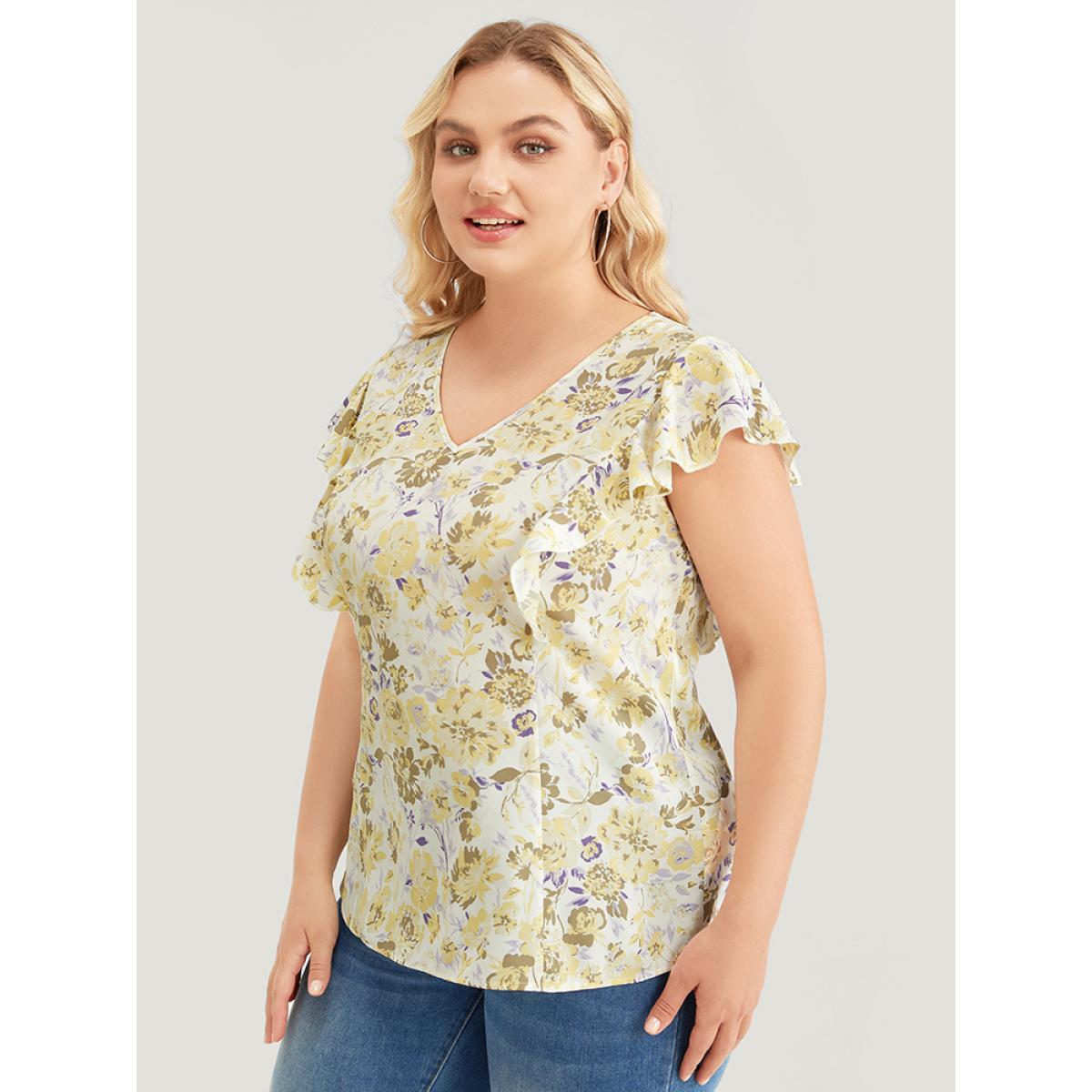Plus Size White Floral Print V Neck Ruffle Trim Cap Sleeve Blouse Women Elegant Cap Sleeve V-neck Dailywear Blouses BloomChic 28/5X Product Image