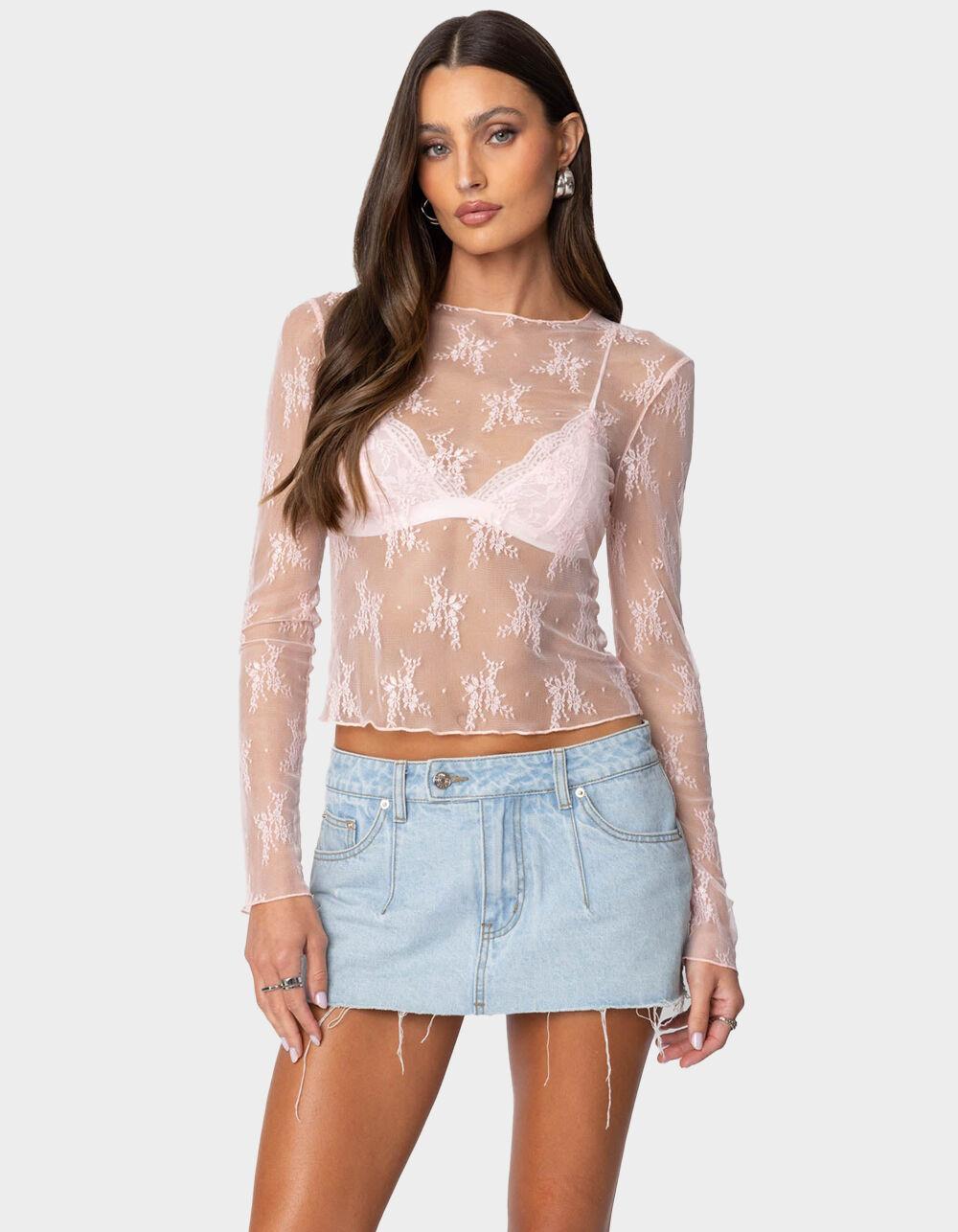 EDIKTED Lise Sheer Lace Top - LIGHT PINK Product Image