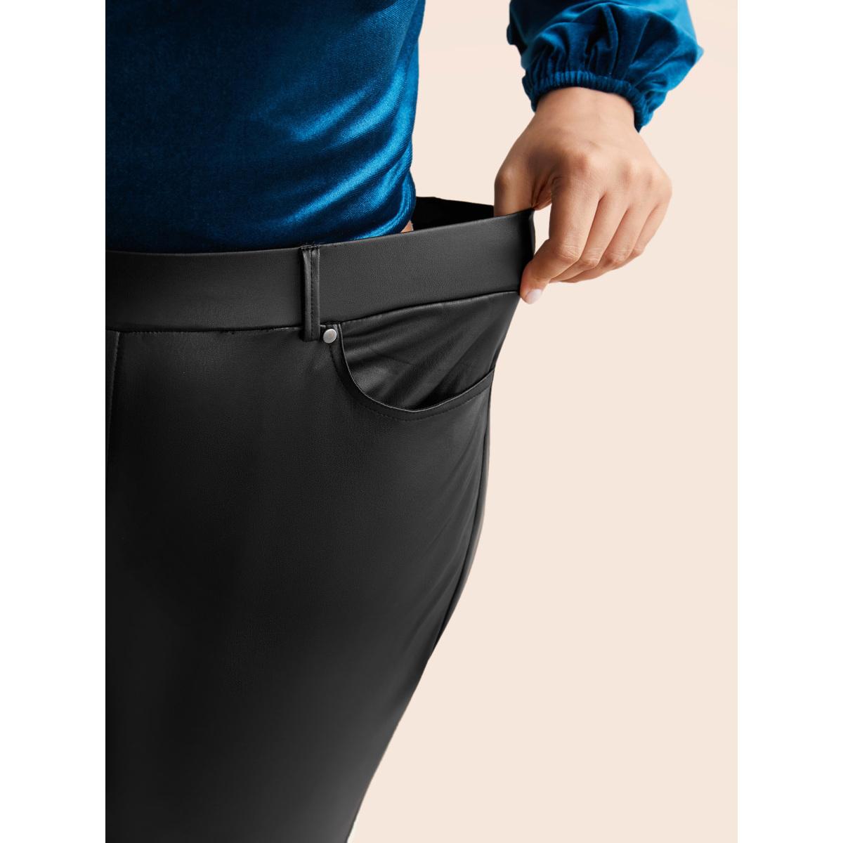 Plus Size PU Leather Button Detail Mid Rise Pants Women Black Casual Skinny Mid Rise Everyday Pants BloomChic 14-16/1X Product Image