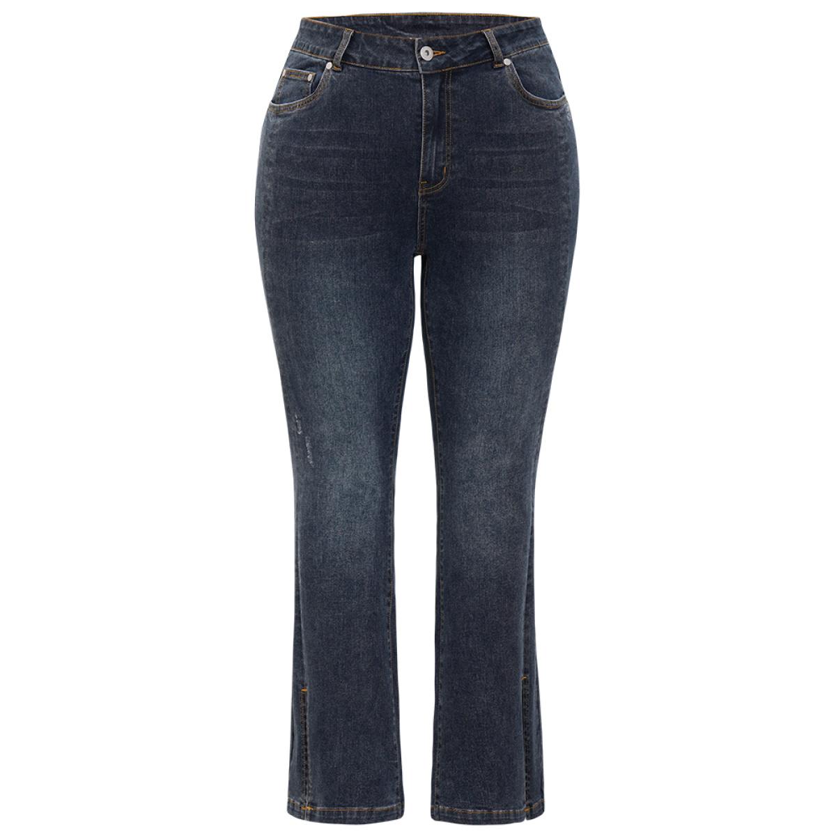 Plus Size Very Stretchy Split Hem Medium Wash Jeans Women Indigo Casual Plain Slit High stretch Pocket Jeans BloomChic 12/L Product Image