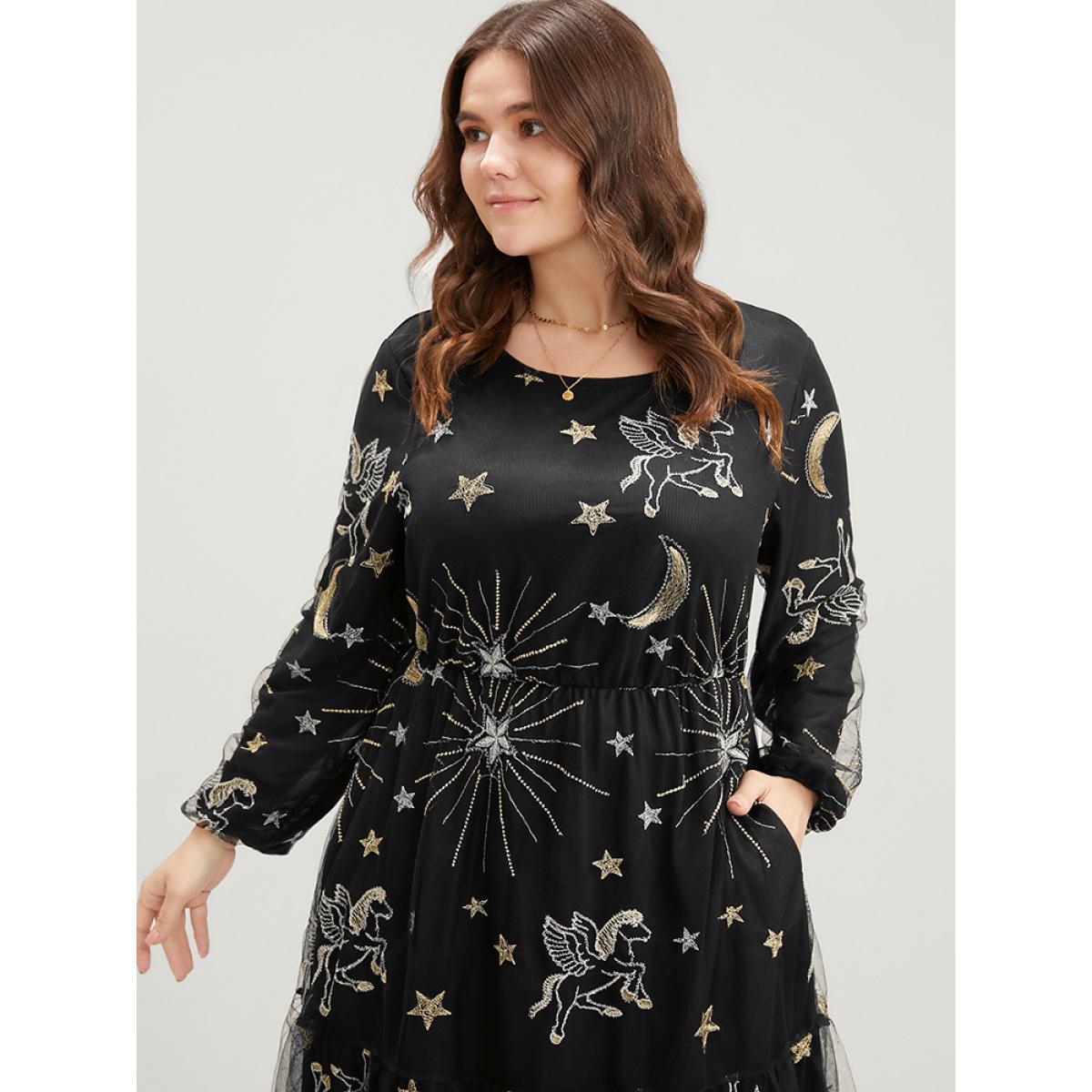 Plus Size Moon And Star Pocket Lantern Sleeve Embroidered Mesh Dress Black Women Party Round Neck Long Sleeve Curvy Long Dress BloomChic 14-16/1X Product Image