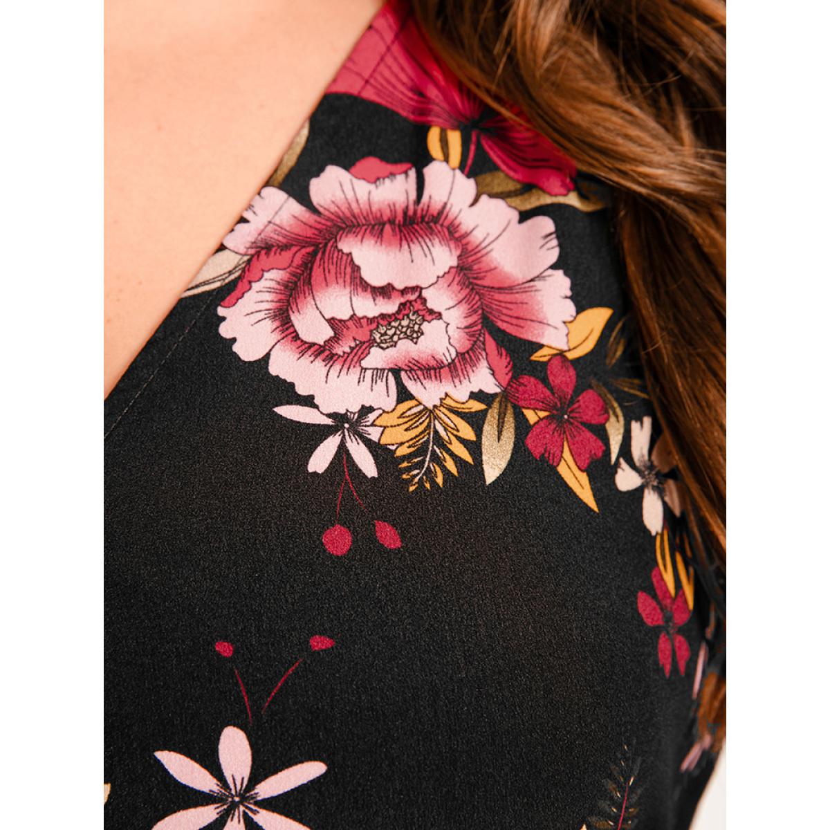 Plus Size Floral Ruffle Lantern Sleeve Pocket Belted Asymmetrical Hem Dress Black Women Elegant Cross straps V-neck Long Sleeve Curvy Long Dress BloomChic 26/4X Product Image