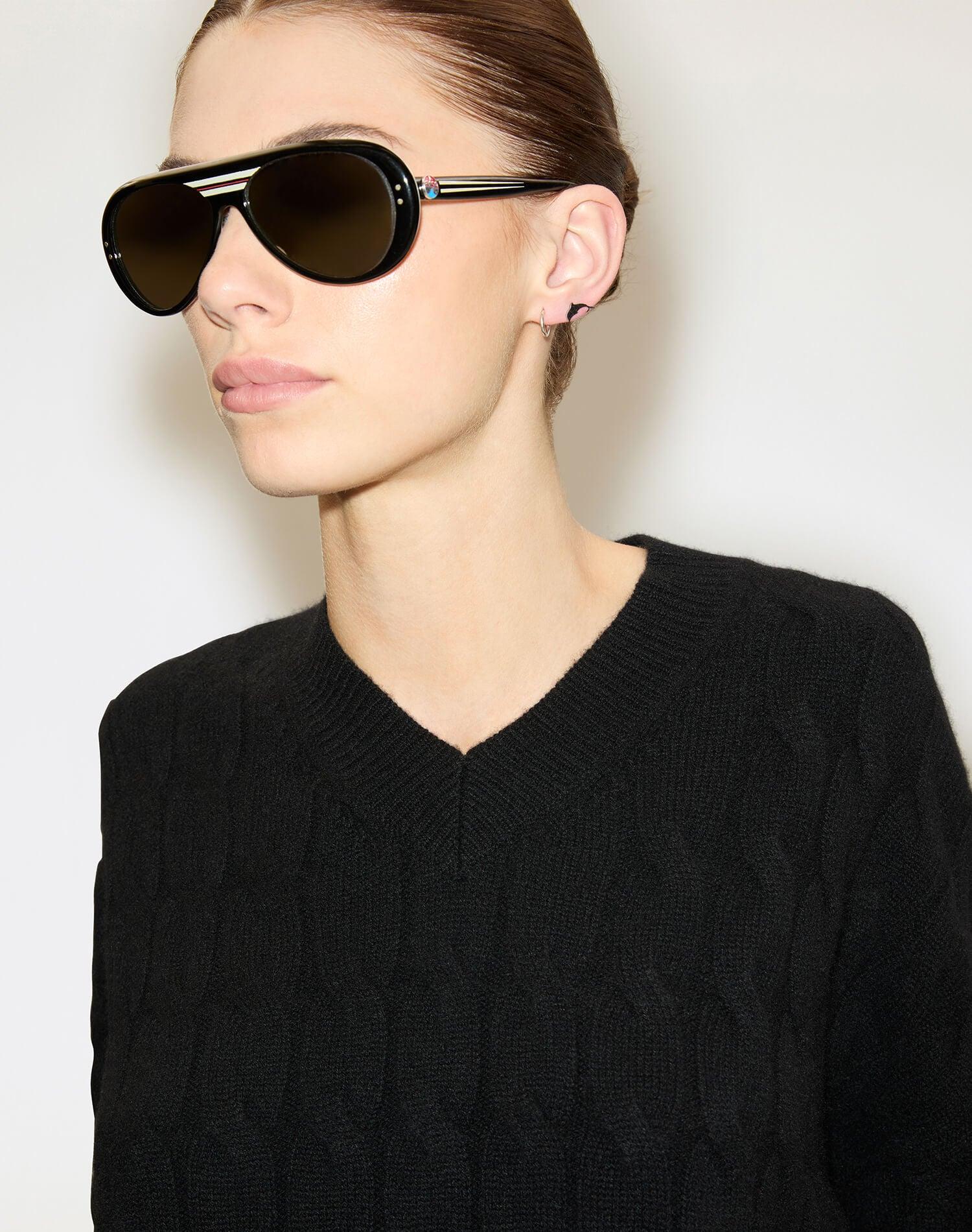 Cable V Neck Pullover - Black Product Image