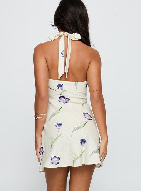 Havenna Halter Linen Blend Mini Dress Cream Floral Product Image