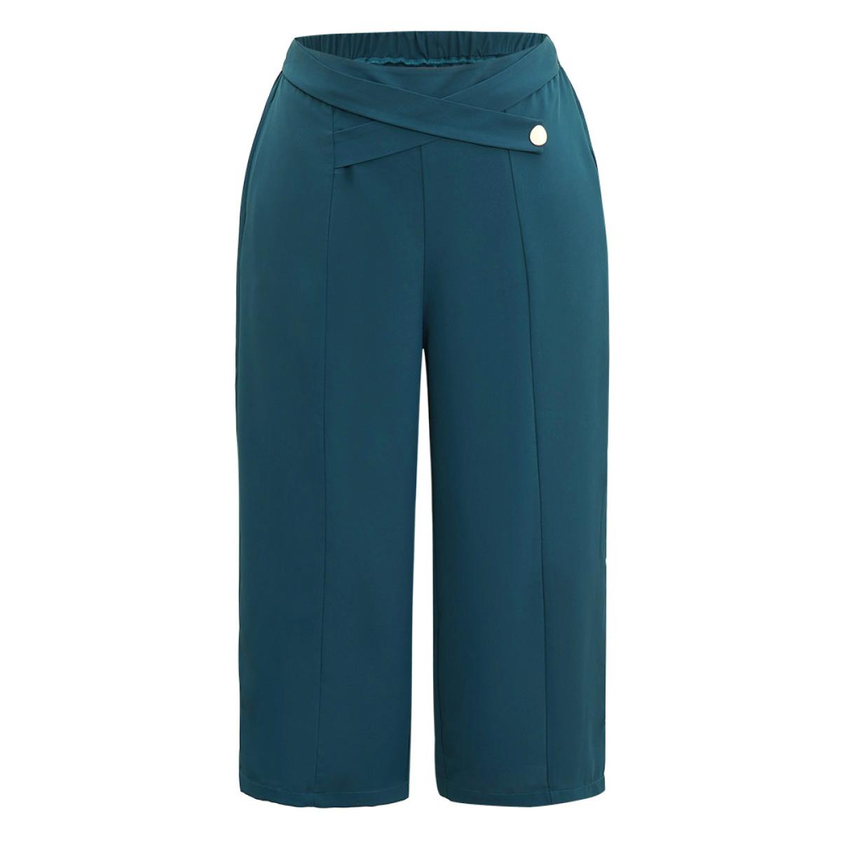 Plus Size Anti-Wrinkle Solid Metal Detail Drape Pants Women Aegean Office Straight Leg Mid Rise Office Pants BloomChic 26/4X Product Image