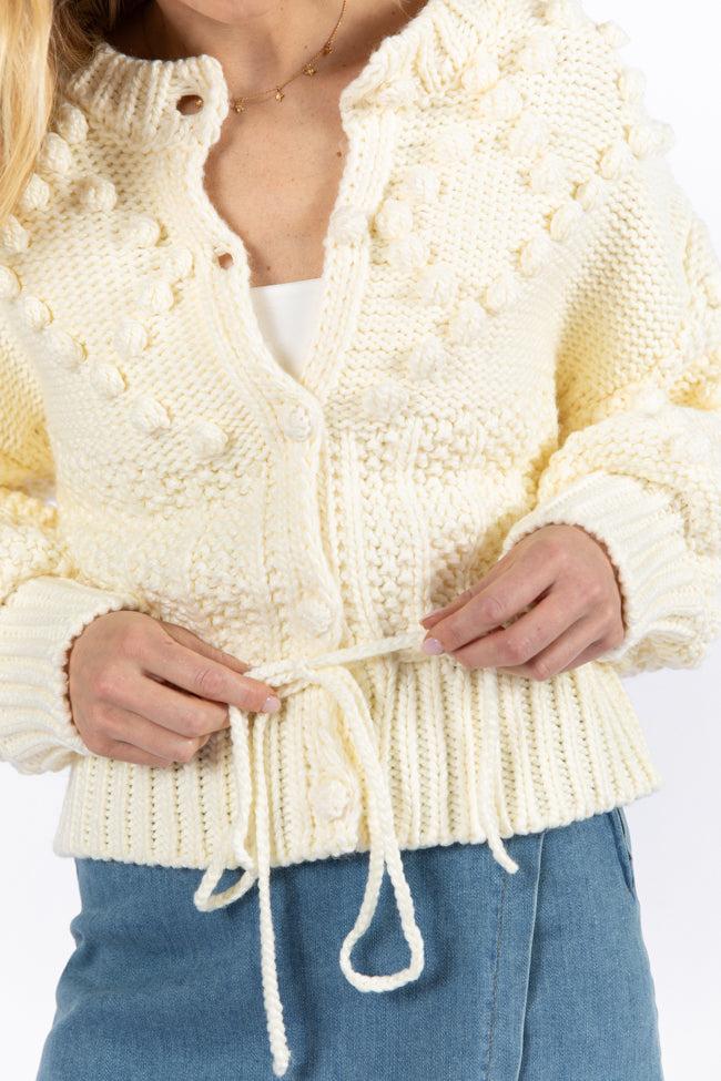 Pom Party Cream Chunky Cinched Waist Cardigan FINAL SALE Product Image