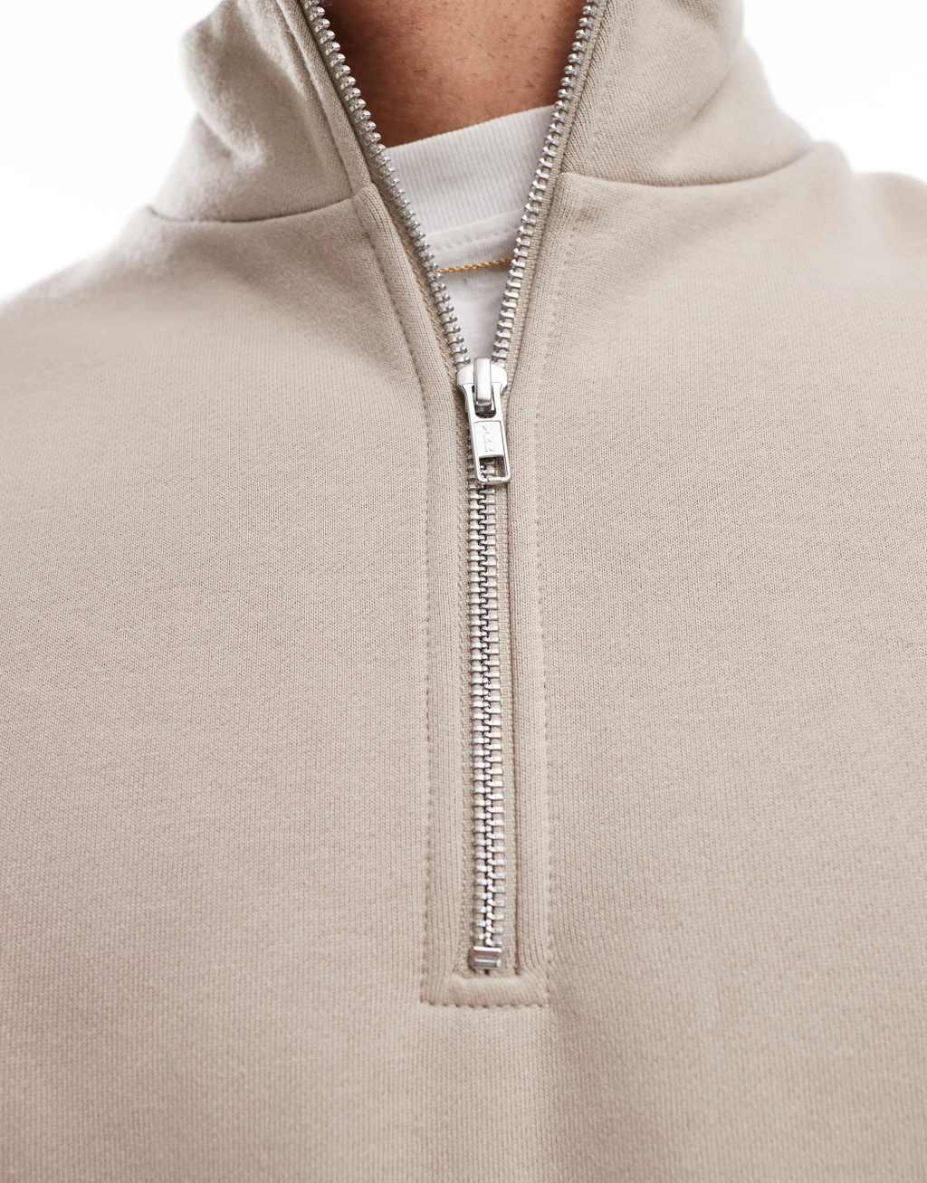 ASOS DESIGN premium heavyweight boxy oversized quarter zip sweatshirt 400gsm in beige Product Image