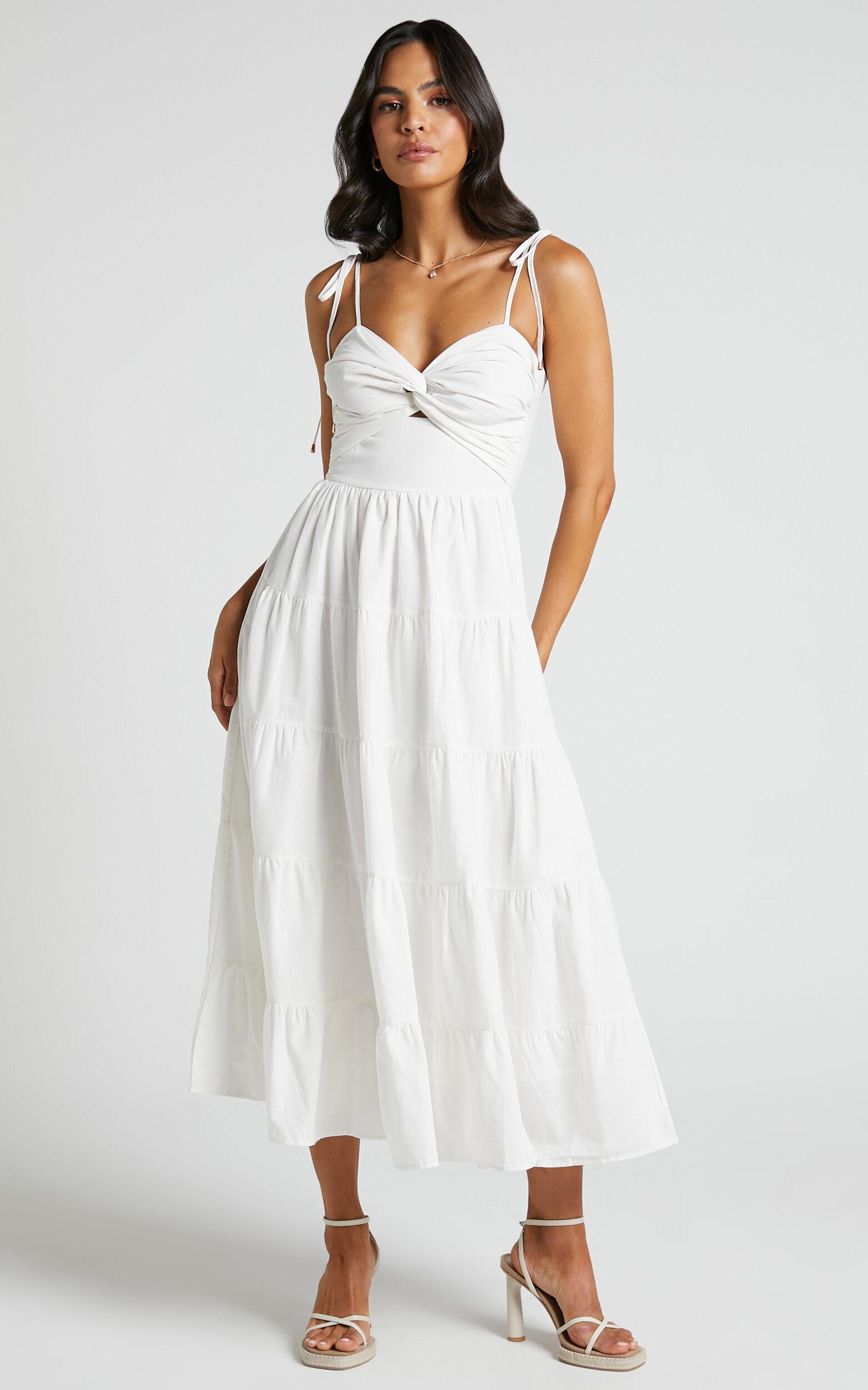 Leticia Midi Dress - Twist Front Tie Strap Tiered Dress in Off White Product Image