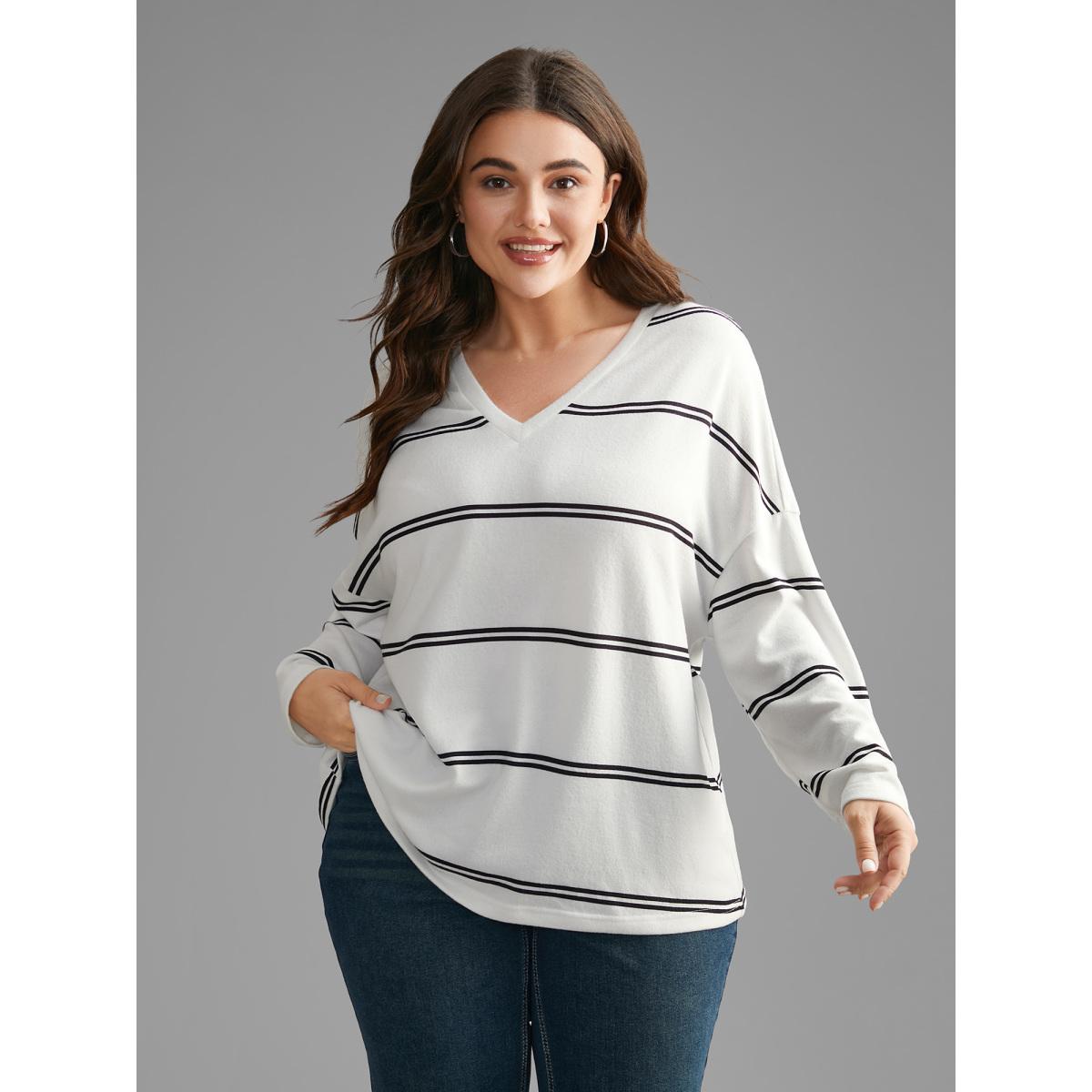 Plus Size V Neck Contrast Striped Drop Shoulder T-shirt Originalwhite Women Casual Contrast V-neck Everyday T-shirts BloomChic 12/L Product Image