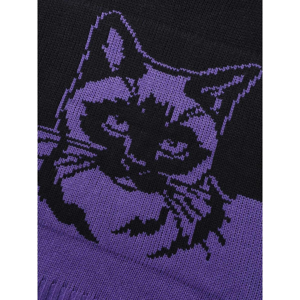Plus Size Mystic Cat Pattern Crew Neck Pullover DarkViolet Women Casual Loose Long Sleeve Round Neck Everyday Pullovers BloomChic 18-20/2X Product Image