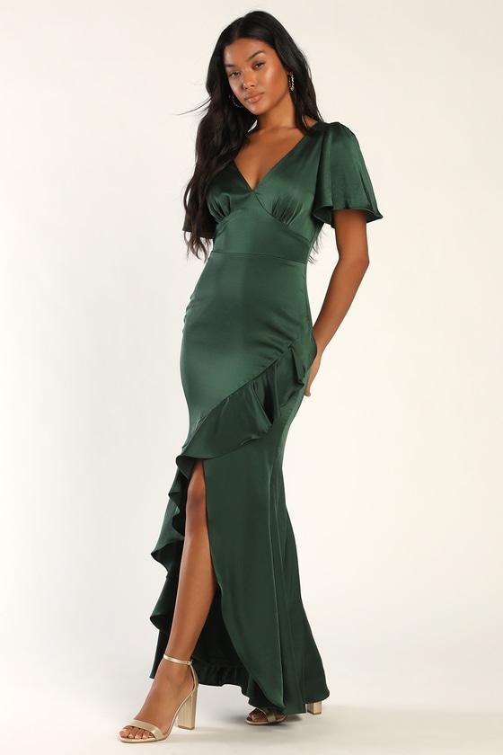 Eternal Bond Emerald Satin Ruffled Flutter Sleeve Maxi Dress Product Image