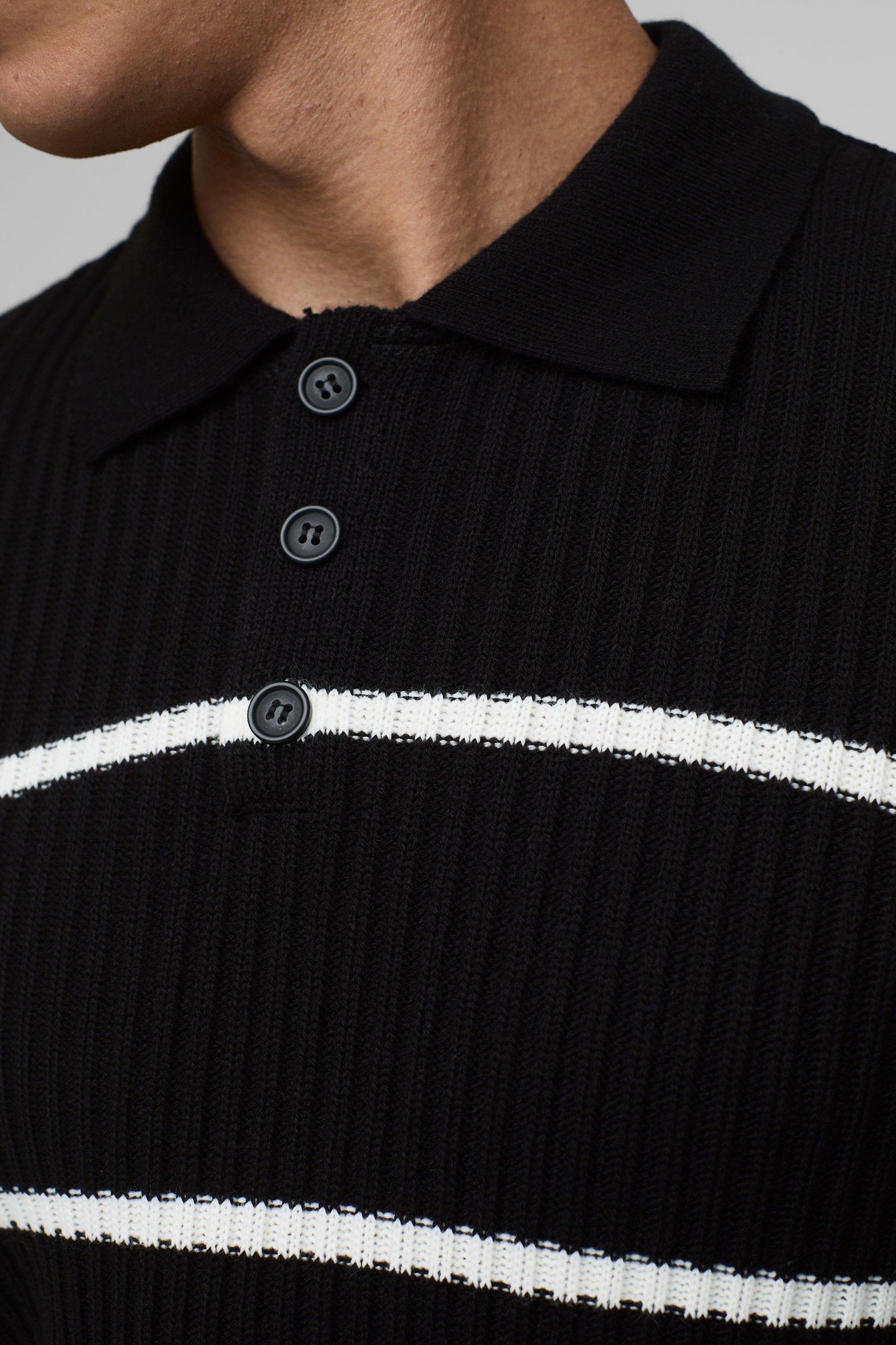 Regular Fit Short Sleeve Striped Ribbed Knit Polo | boohooMAN USA Product Image