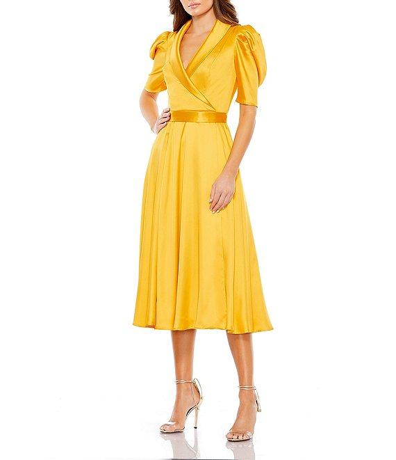 Mac Duggal Satin Surplice V-Neck Short Puffed Sleeve A-Line Midi Dress Product Image