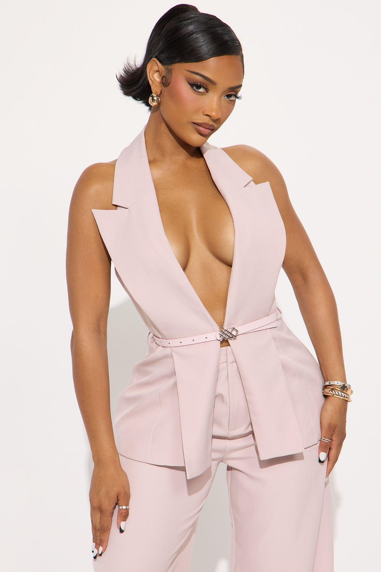 Divine Crepe Belted Vest And Pant Set - Mauve Female Product Image