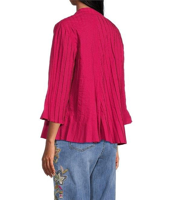 John Mark Pleated Solid Color Wire Collar 3/4 Sleeve Button Front Shirt Product Image