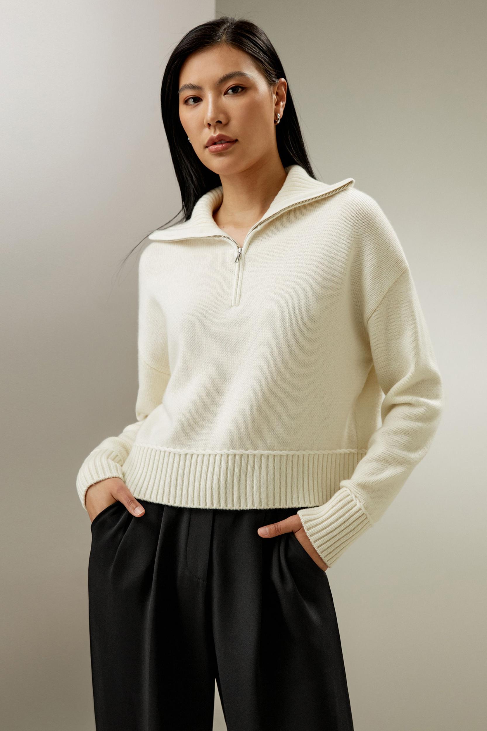 LILYSILK Quarter Zip Cashmere - for Women - White Golden Ratio Cashmere Wool Blend - Versatile Ribbed Tops S Product Image