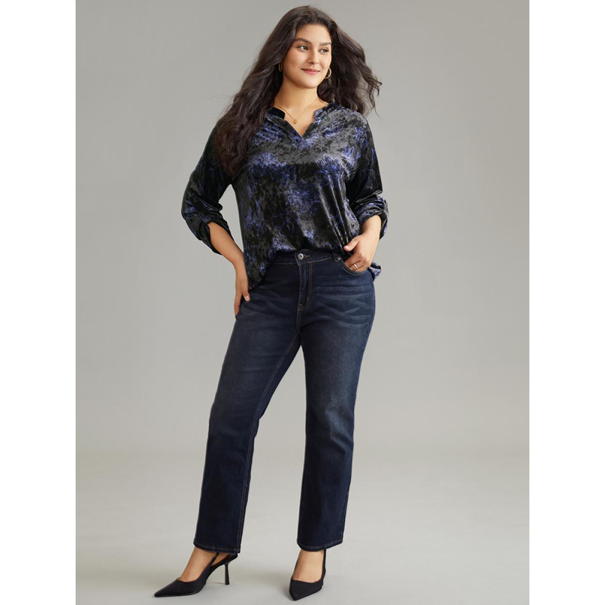 Plus Size Black Silhouette Floral Print Notched Roll Tab Sleeve Blouse Women Elegant Long Sleeve Notched collar Everyday Blouses BloomChic 14-16/1X Product Image