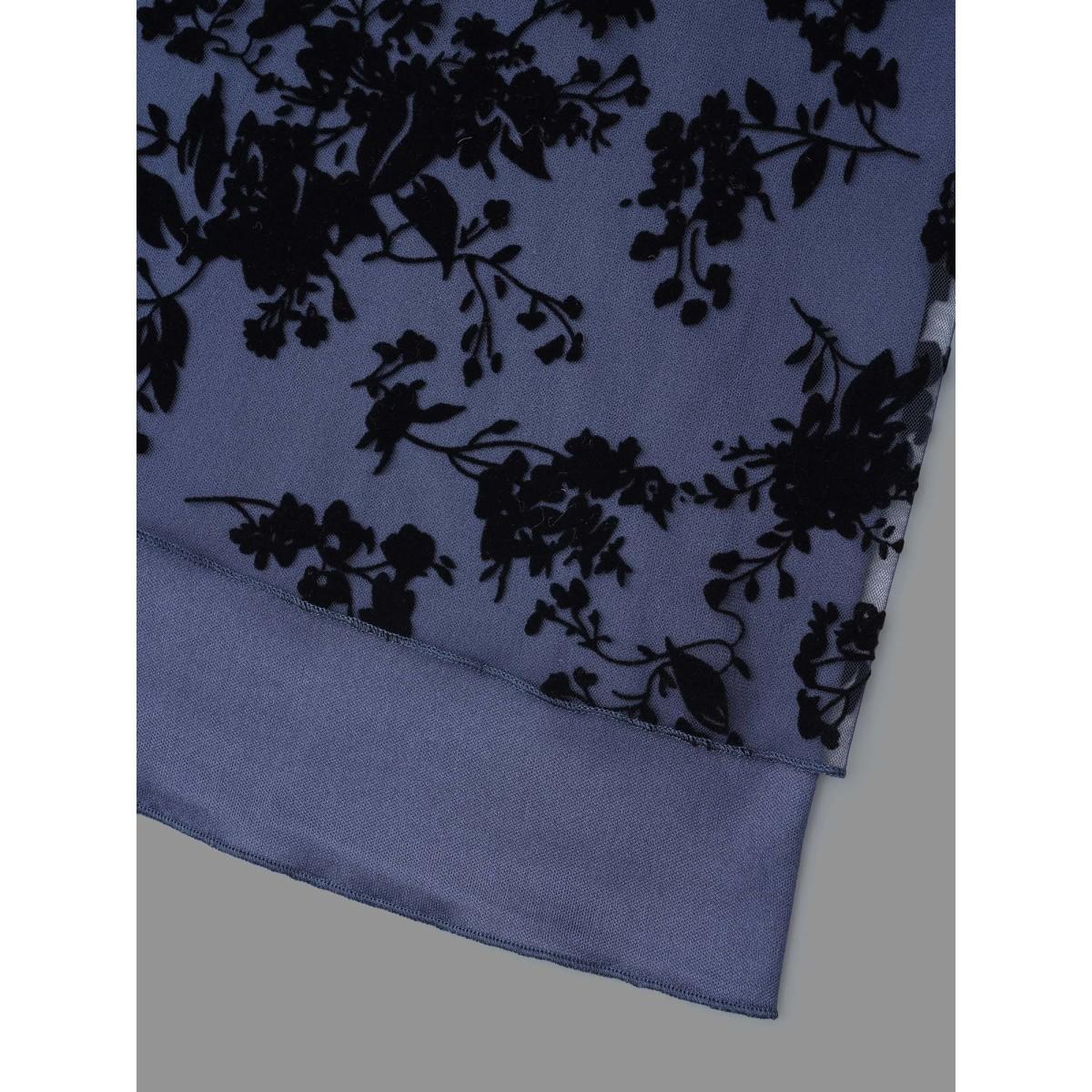 Plus Size Indigo Floral Flocking Mesh Asymmetrical Hem Blouse Women Timeless Three Quarter Length Sleeve V-neck Elegant Blouses BloomChic 10/M Product Image