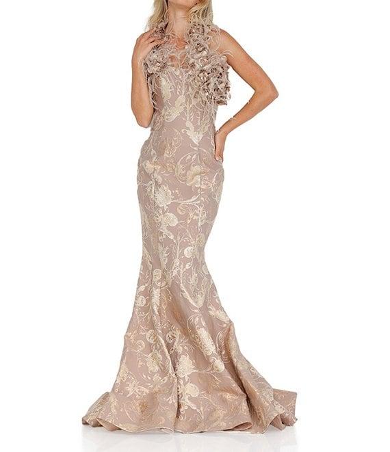 Terani Couture Jacquard Off-the-Shoulder Feather Trim Mermaid Gown Product Image