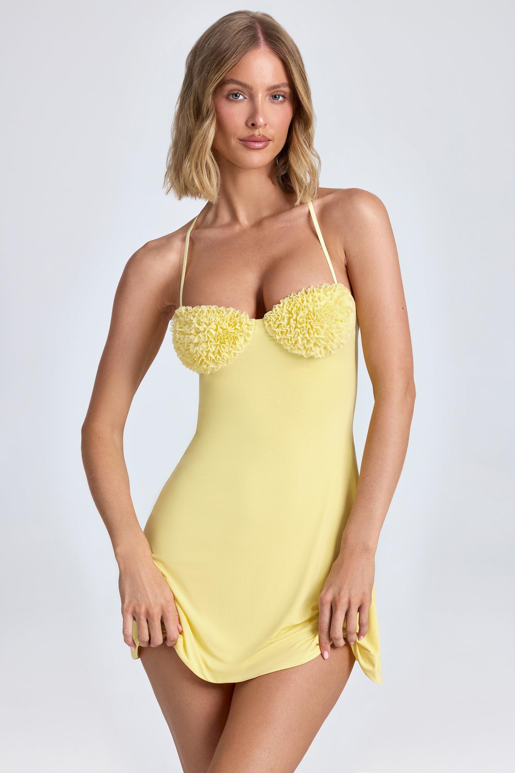 Halterneck Ruffle-Appliqué A-Line Mini Dress in Lemon Sherbet Product Image