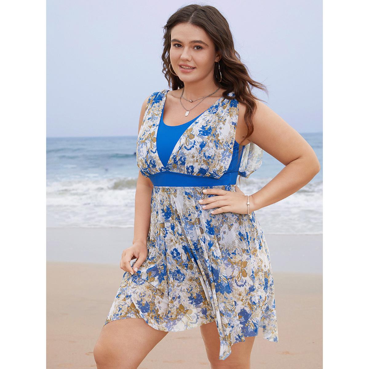 Plus Size Graphic Patchwork Sculpt Waist Hanky Hem Swim Dress Women's Swimwear Cerulean Vacation Bodycon Round Neck High stretch Curve Swim Dresses BloomChic 22-24/3X Product Image