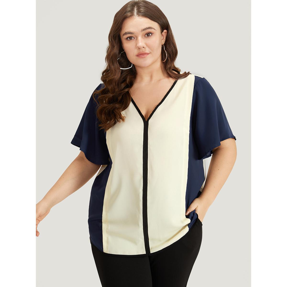 Plus Size Beige Contrast Patchwork V Neck Ruffle Sleeve Blouse Women Office Short sleeve V-neck Work Blouses BloomChic 14-16/1X Product Image