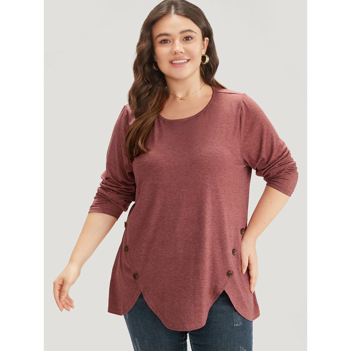 Plus Size Plain Round Neck Button Detail T-shirt Russet Women Casual Plain Plain Round Neck Dailywear T-shirts BloomChic 28/5X Product Image