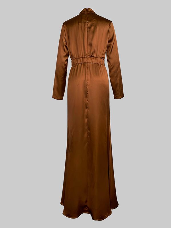 Long Sleeves Loose Pleated Shiny Solid Color Split-Joint Tied Waist High Neck Evening Dresses Maxi Dresses Product Image
