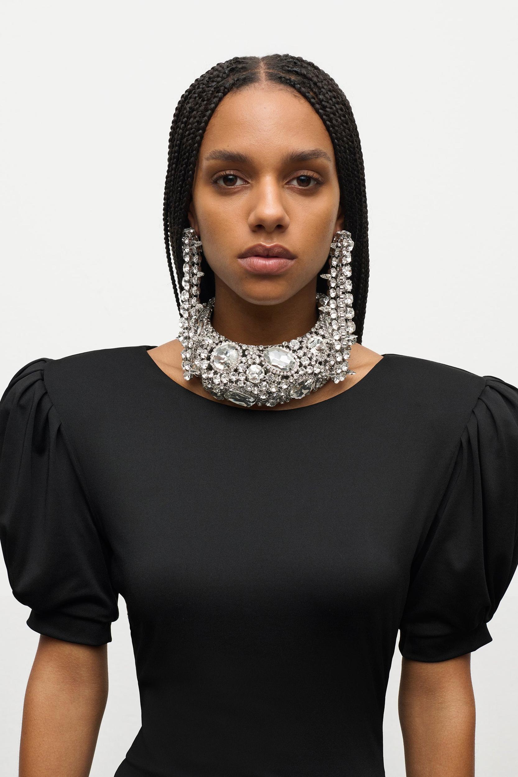 Crystal Flower Draped Short Sleeve Mini Dress Product Image