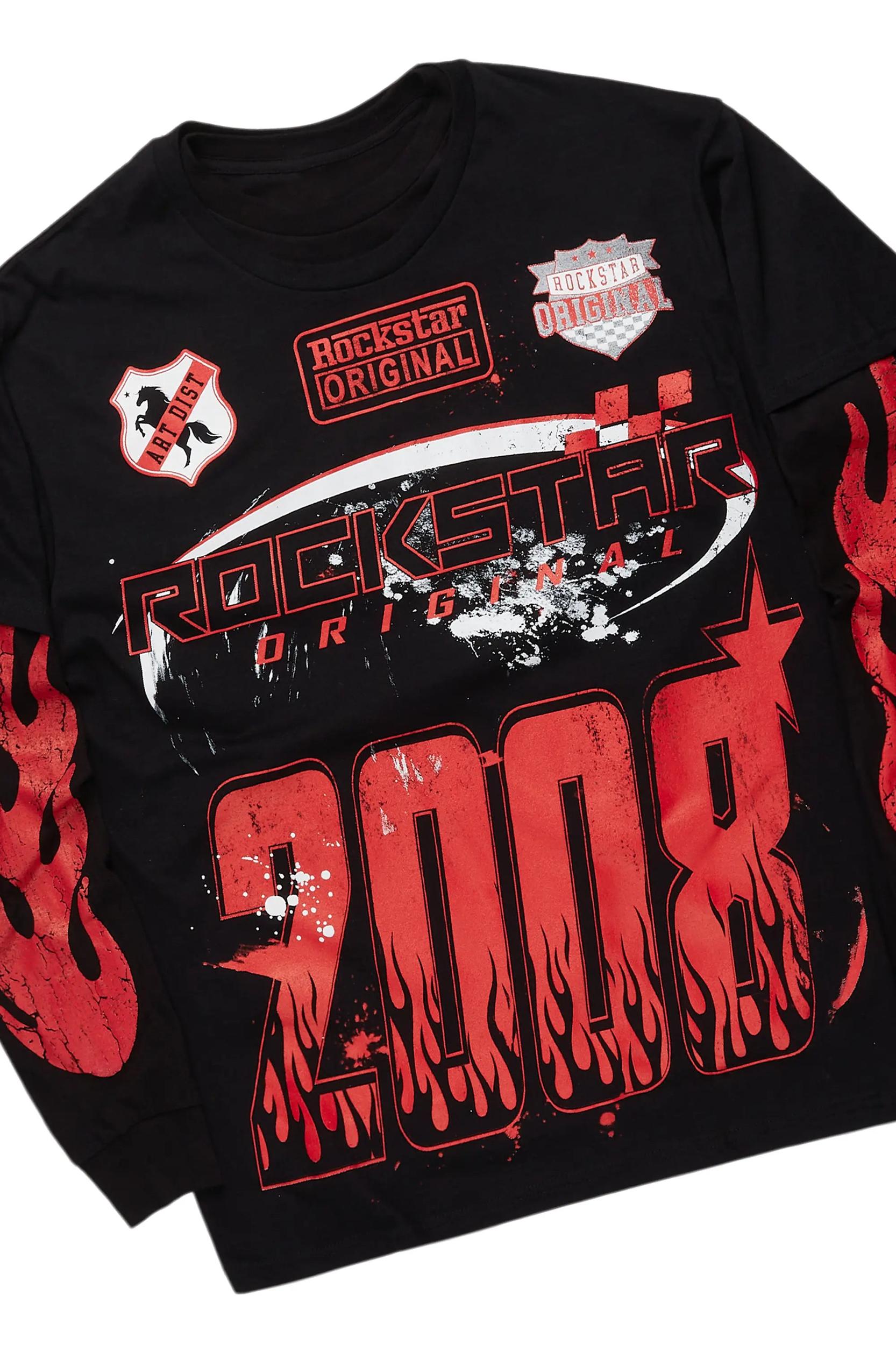 Amos Black/Red Double Layer T-Shirt/Stacked Baggy Pant Set Male Product Image