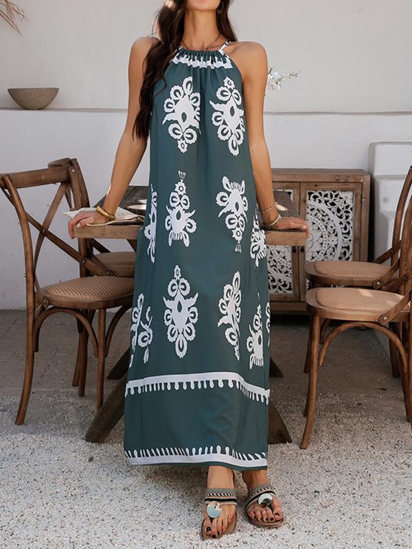 A-Line Loose Contrast Color Halter-Neck Maxi Dresses Product Image